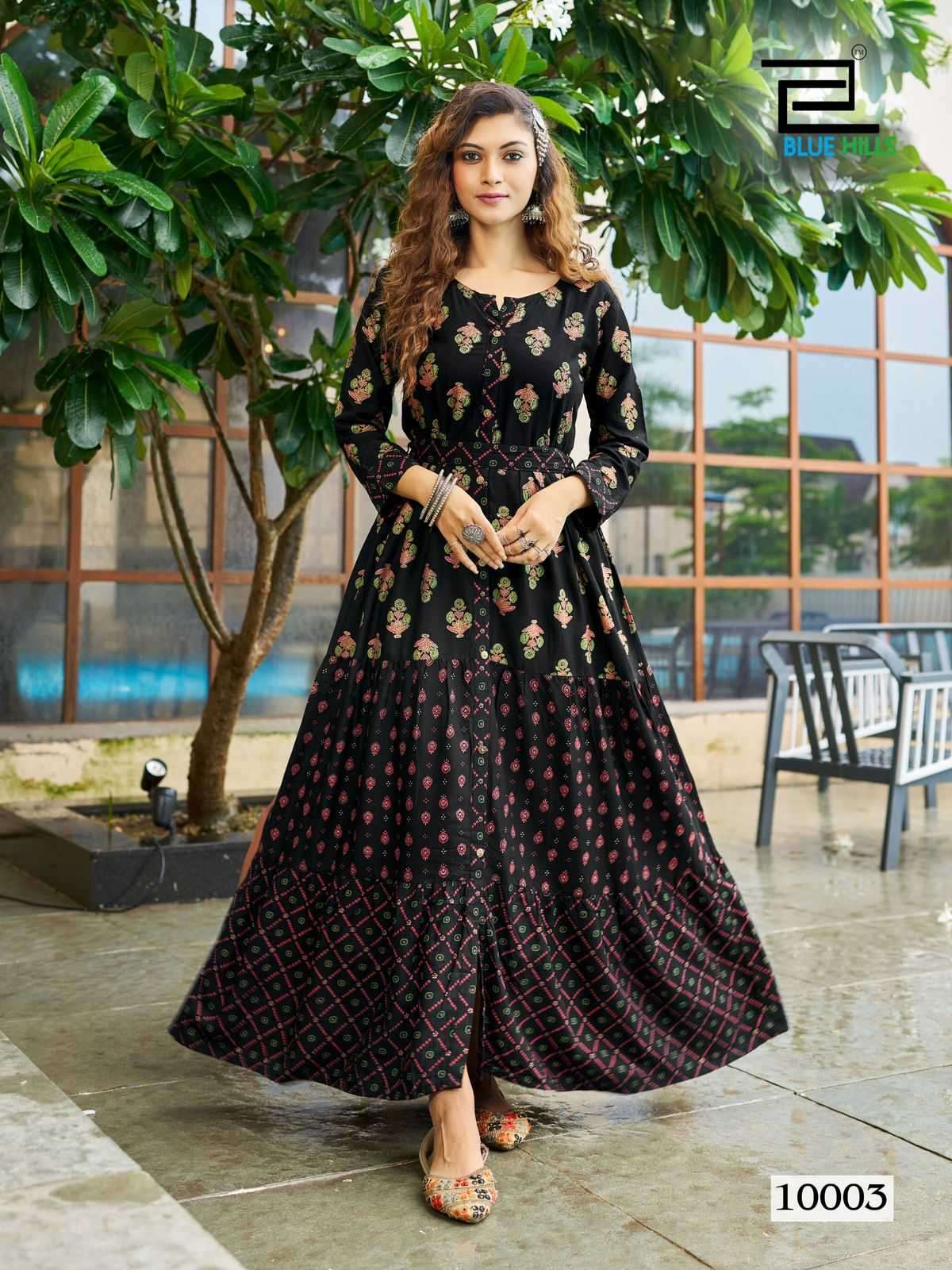  BLUE HILLS PRESENTS BOURNVILLA VOL-10 PRINT RAYON READYMADE BIG SIZE FRILL GOWN STYLE KURTIS CATALOG WHOLESALER AND EXPORTER IN SURAT