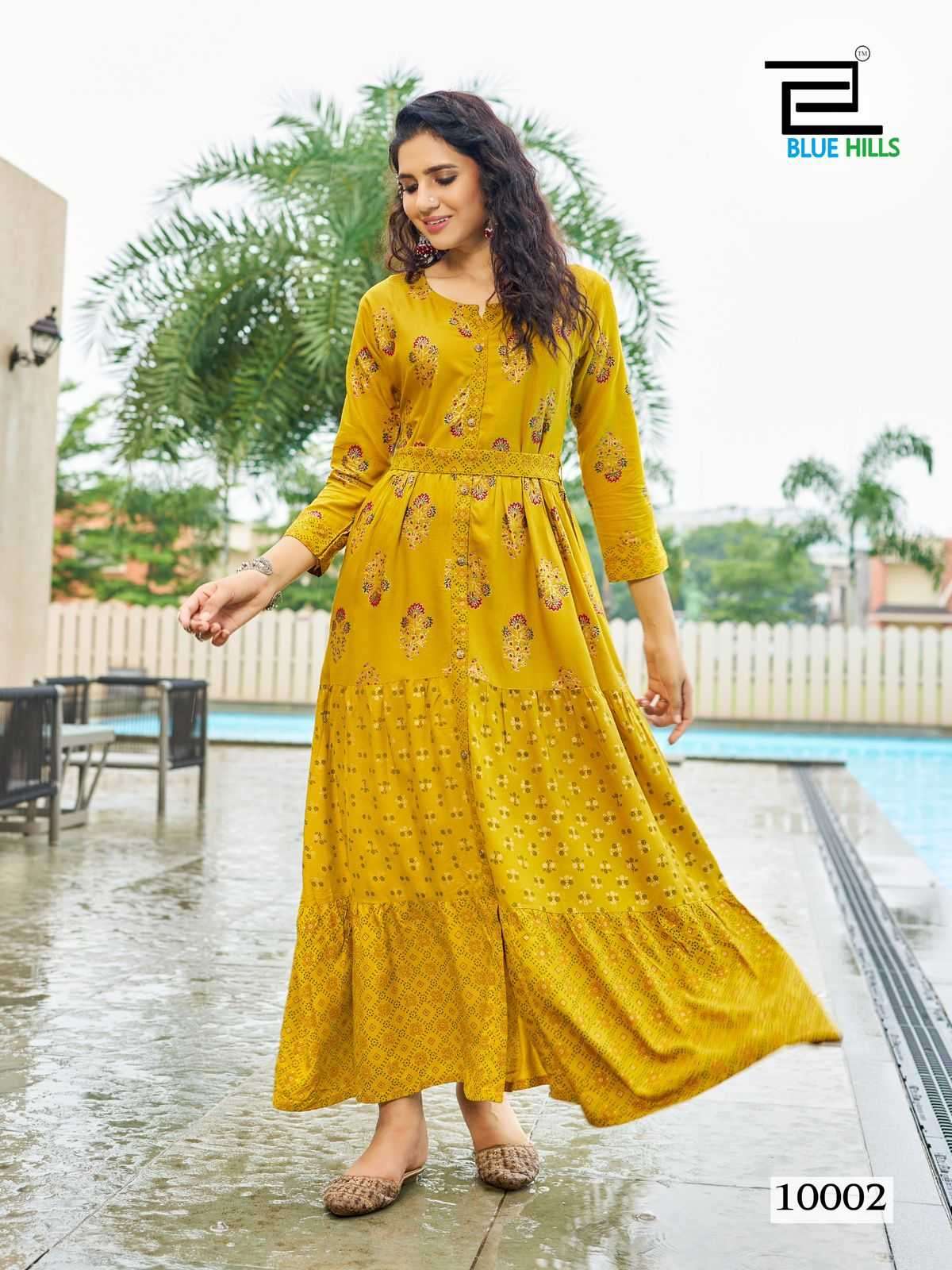  BLUE HILLS PRESENTS BOURNVILLA VOL-10 PRINT RAYON READYMADE BIG SIZE FRILL GOWN STYLE KURTIS CATALOG WHOLESALER AND EXPORTER IN SURAT