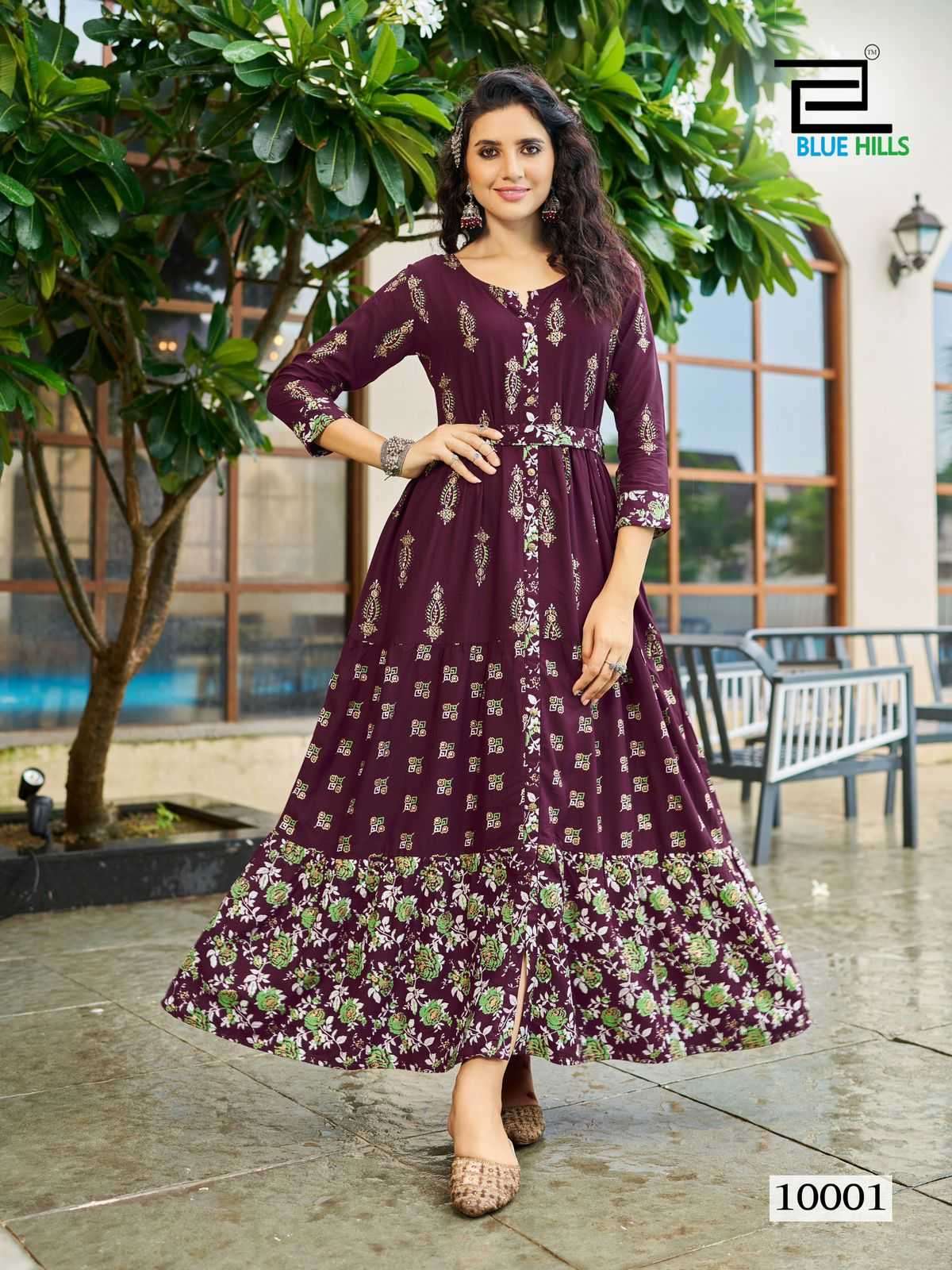  BLUE HILLS PRESENTS BOURNVILLA VOL-10 PRINT RAYON READYMADE BIG SIZE FRILL GOWN STYLE KURTIS CATALOG WHOLESALER AND EXPORTER IN SURAT