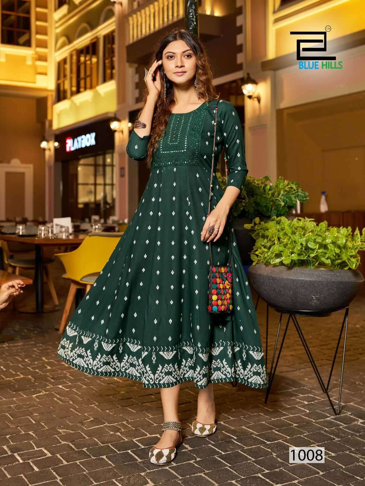 BLUE HILLS PRESENTS ZUDIO NECK EMBROIDERY FULLSTITCH BIG SIZE ANARKALI RAYON KURTI CATALOG WHOLESALER AND EXPORTER IN SURAT