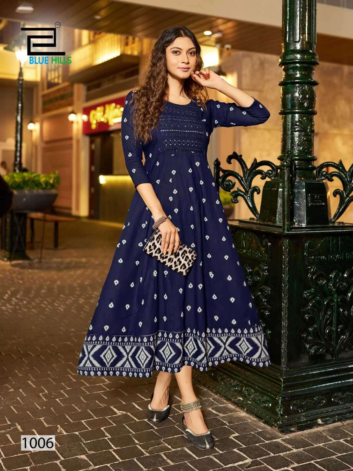 BLUE HILLS PRESENTS ZUDIO NECK EMBROIDERY FULLSTITCH BIG SIZE ANARKALI RAYON KURTI CATALOG WHOLESALER AND EXPORTER IN SURAT