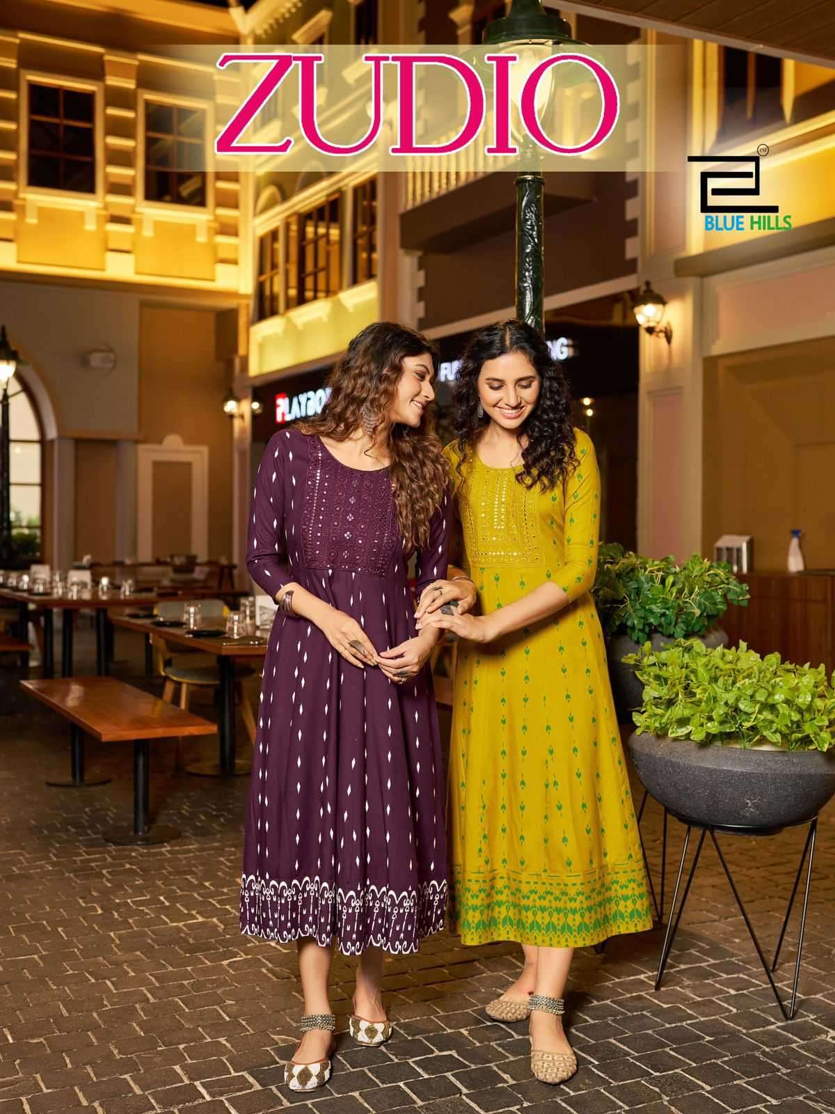 BLUE HILLS PRESENTS ZUDIO NECK EMBROIDERY FULLSTITCH BIG SIZE ANARKALI RAYON KURTI CATALOG WHOLESALER AND EXPORTER IN SURAT