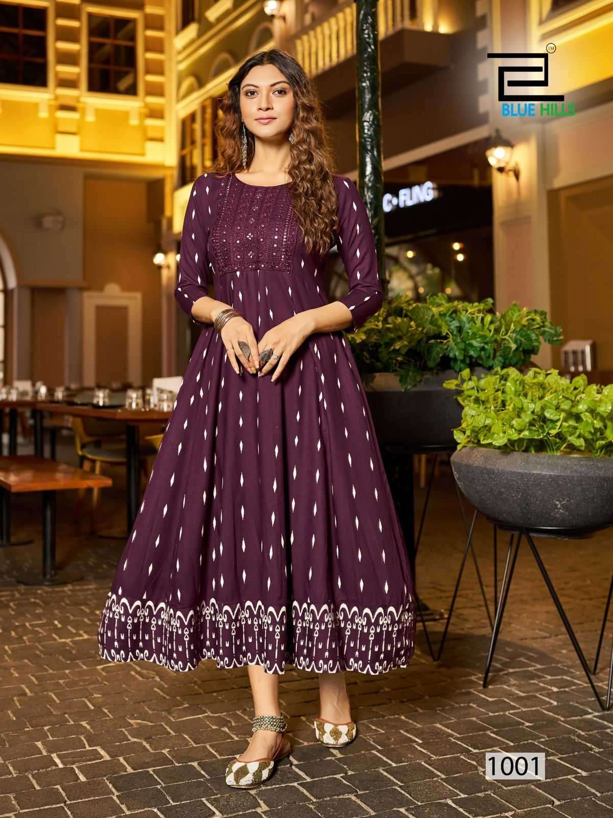 BLUE HILLS PRESENTS ZUDIO NECK EMBROIDERY FULLSTITCH BIG SIZE ANARKALI RAYON KURTI CATALOG WHOLESALER AND EXPORTER IN SURAT