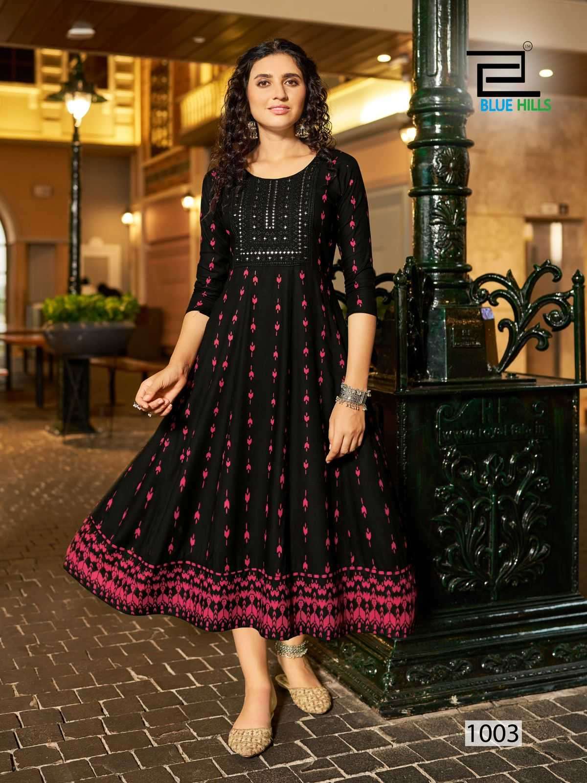 BLUE HILLS PRESENTS ZUDIO NECK EMBROIDERY FULLSTITCH BIG SIZE ANARKALI RAYON KURTI CATALOG WHOLESALER AND EXPORTER IN SURAT