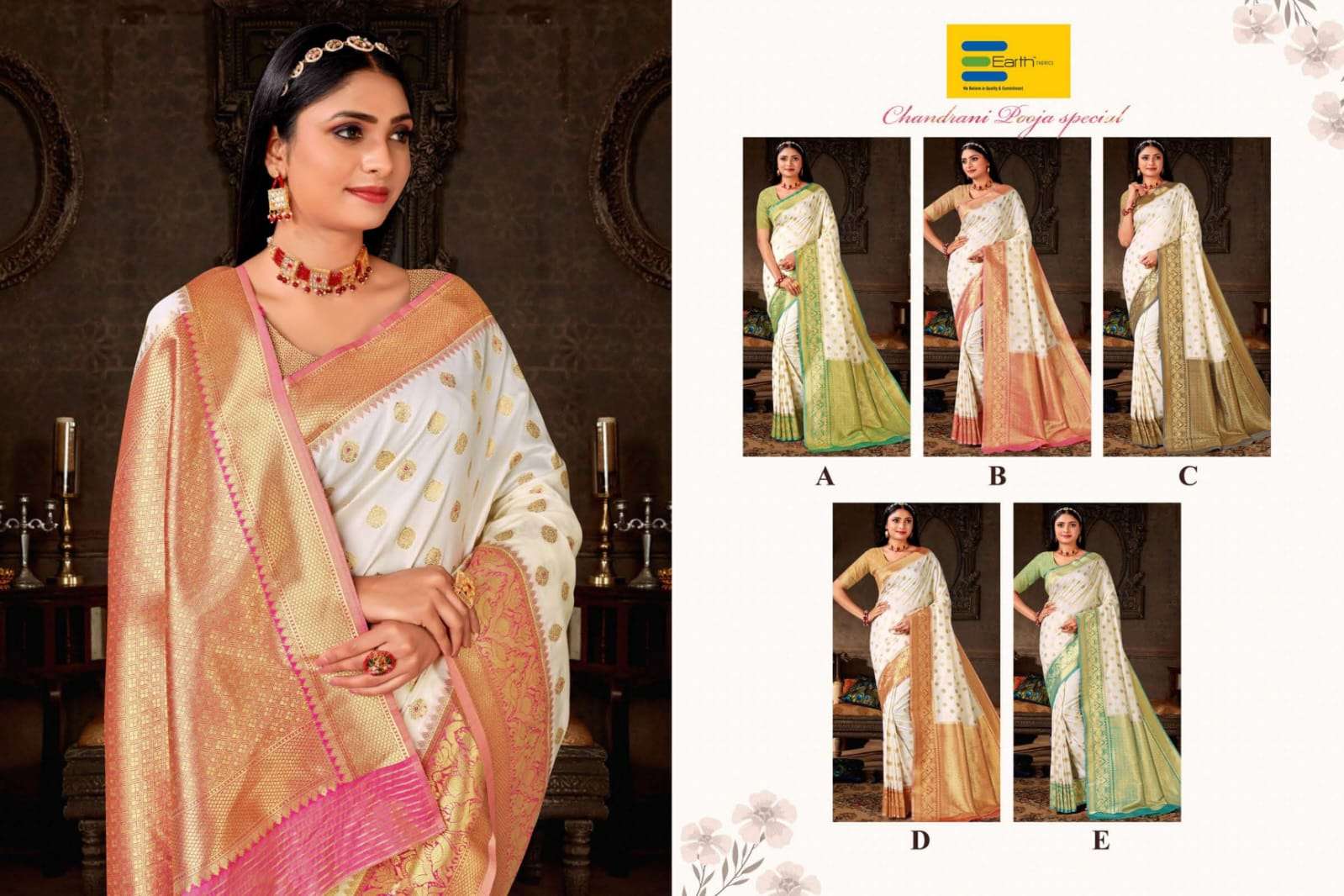 EARTH  FABRICS PRESENTS CHANDERI POOJA SPECIAL FANCY SILK SAREES CATALOG WHOLESALER AND EXPORTER IN SURAT