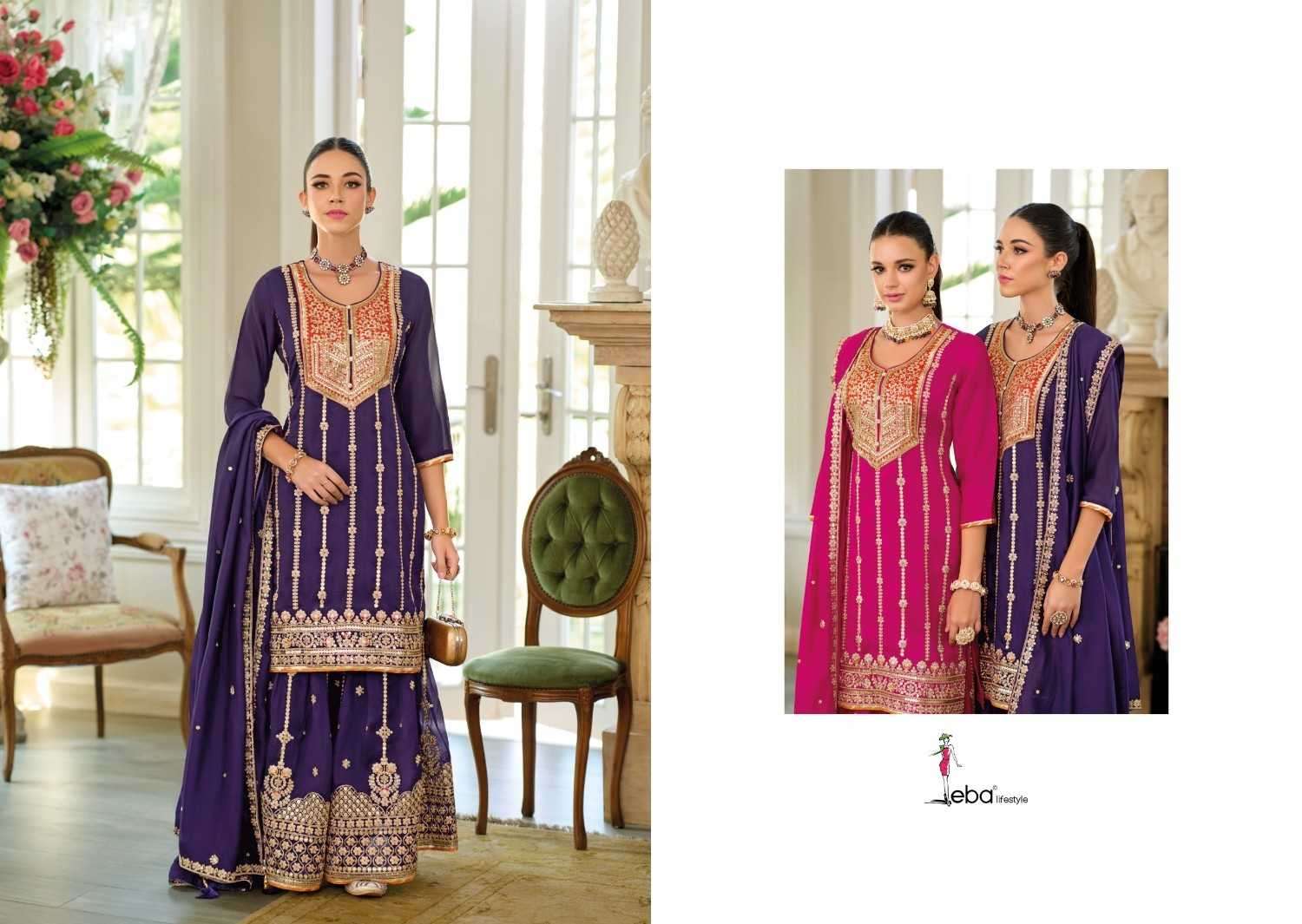 EBA LIFESTYLE PRESENTS SHAHI SILK WITH EMBROIDERY WORK READYMADE PLAZZO STYLE 3PCS DRESS CATALOG WHOLESALER AND EXPORTER 