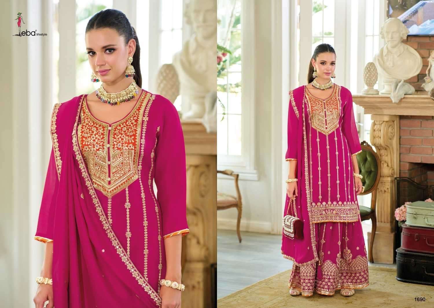 EBA LIFESTYLE PRESENTS SHAHI SILK WITH EMBROIDERY WORK READYMADE PLAZZO STYLE 3PCS DRESS CATALOG WHOLESALER AND EXPORTER 
