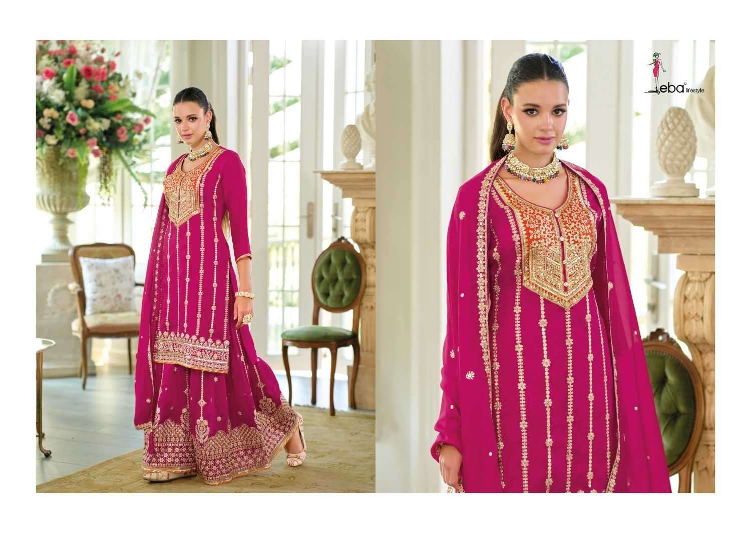 EBA LIFESTYLE PRESENTS SHAHI SILK WITH EMBROIDERY WORK READYMADE PLAZZO STYLE 3PCS DRESS CATALOG WHOLESALER AND EXPORTER 