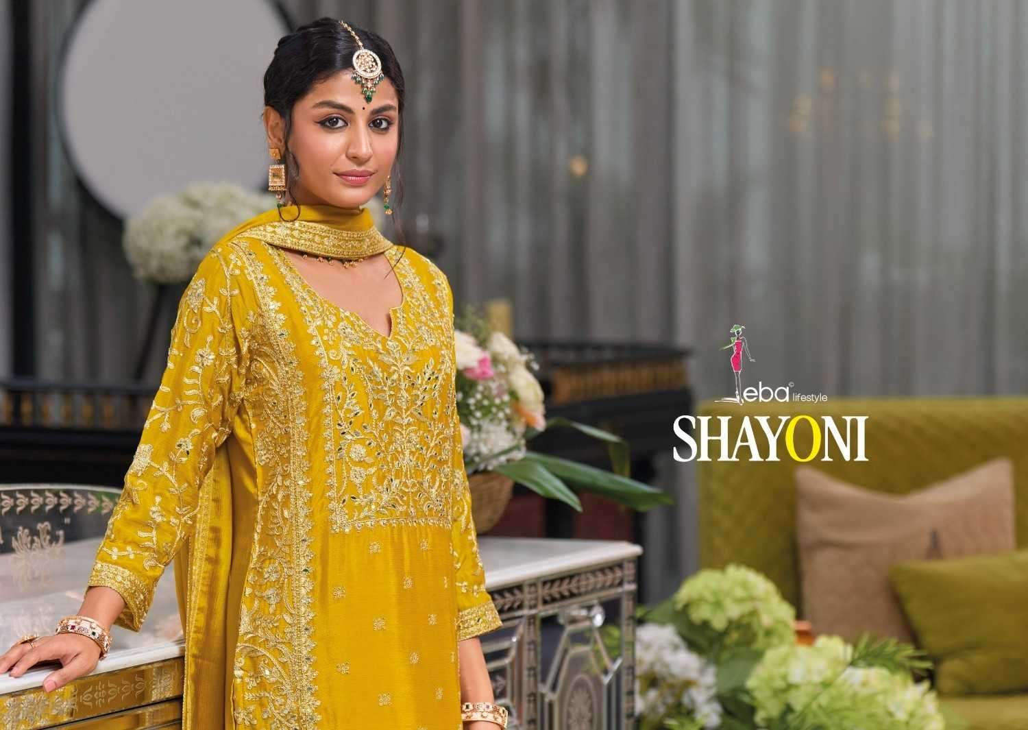 EBA LIFESTYLE PRESENTS SHAYONI CHINON EMBROIDERY WORK FULLY STITCH PAKISTANI 3PCS DRESS CATALOG WHOLESALER AND EXPORTER IN SURAT