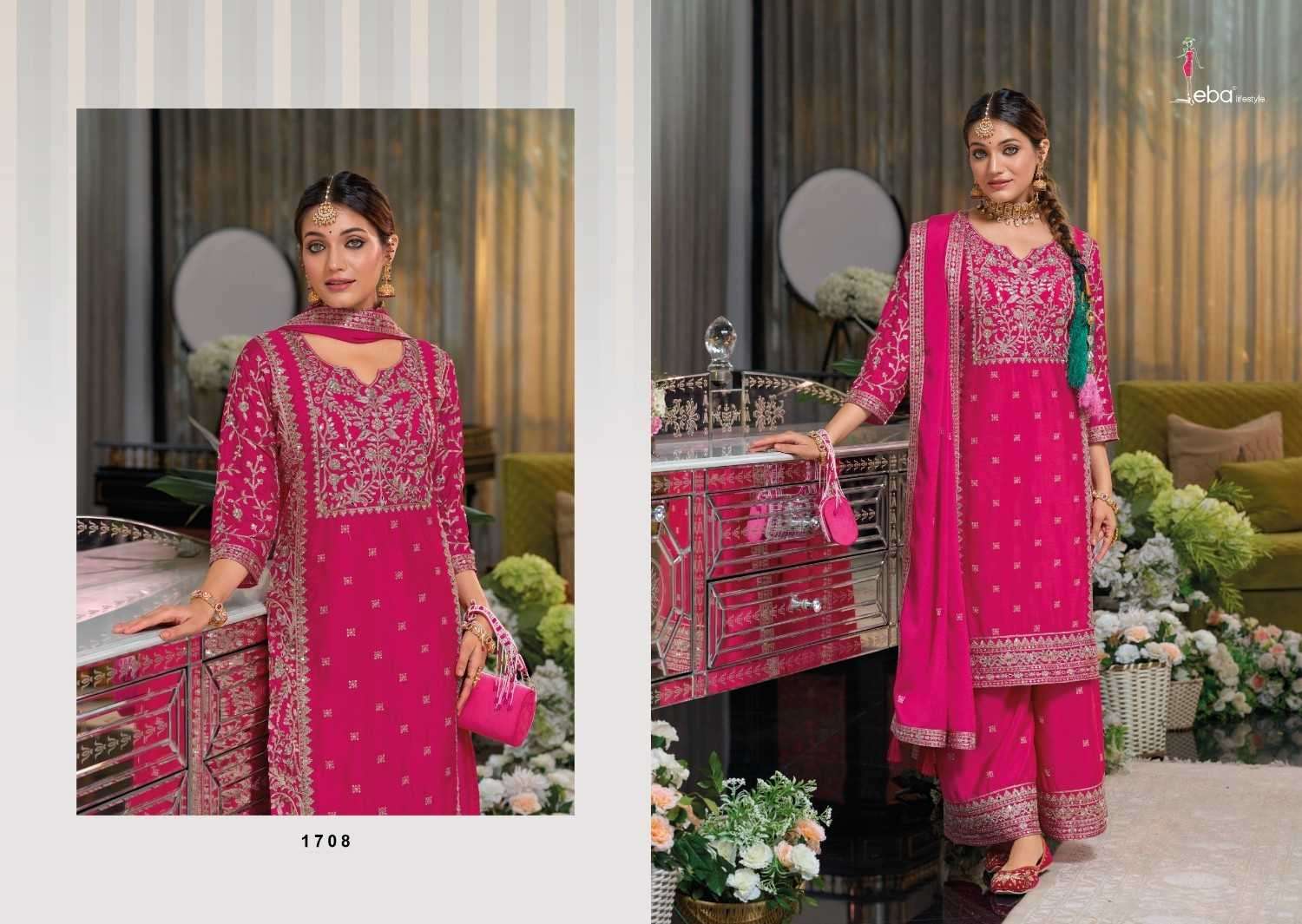 EBA LIFESTYLE PRESENTS SHAYONI CHINON EMBROIDERY WORK FULLY STITCH PAKISTANI 3PCS DRESS CATALOG WHOLESALER AND EXPORTER IN SURAT