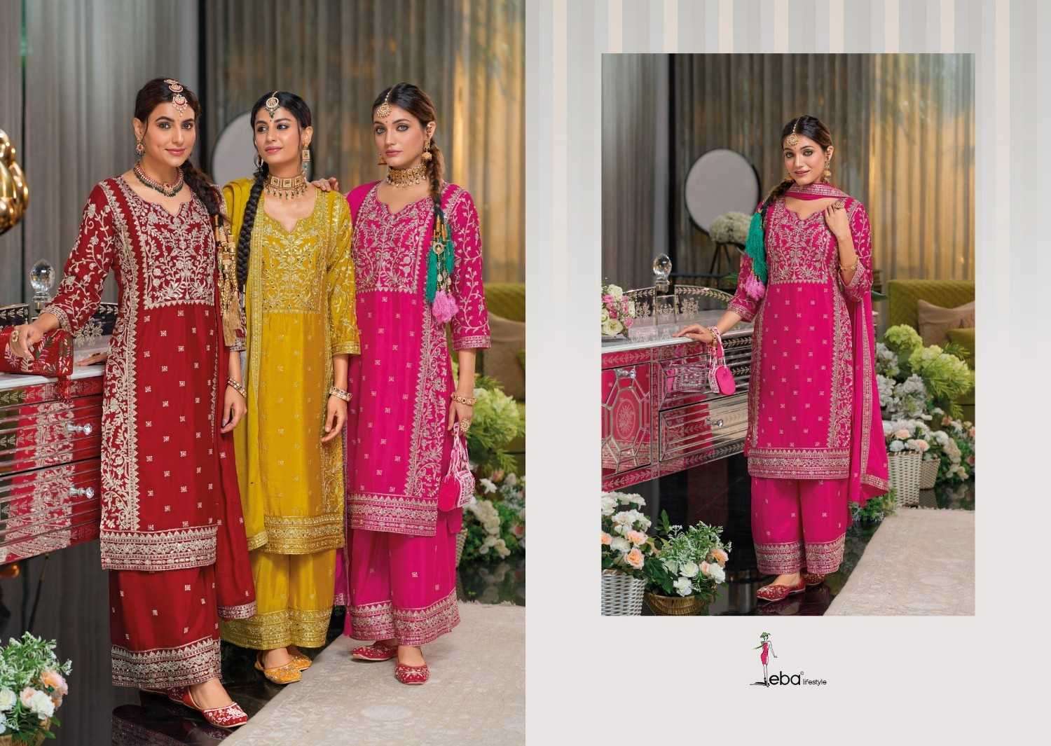EBA LIFESTYLE PRESENTS SHAYONI CHINON EMBROIDERY WORK FULLY STITCH PAKISTANI 3PCS DRESS CATALOG WHOLESALER AND EXPORTER IN SURAT