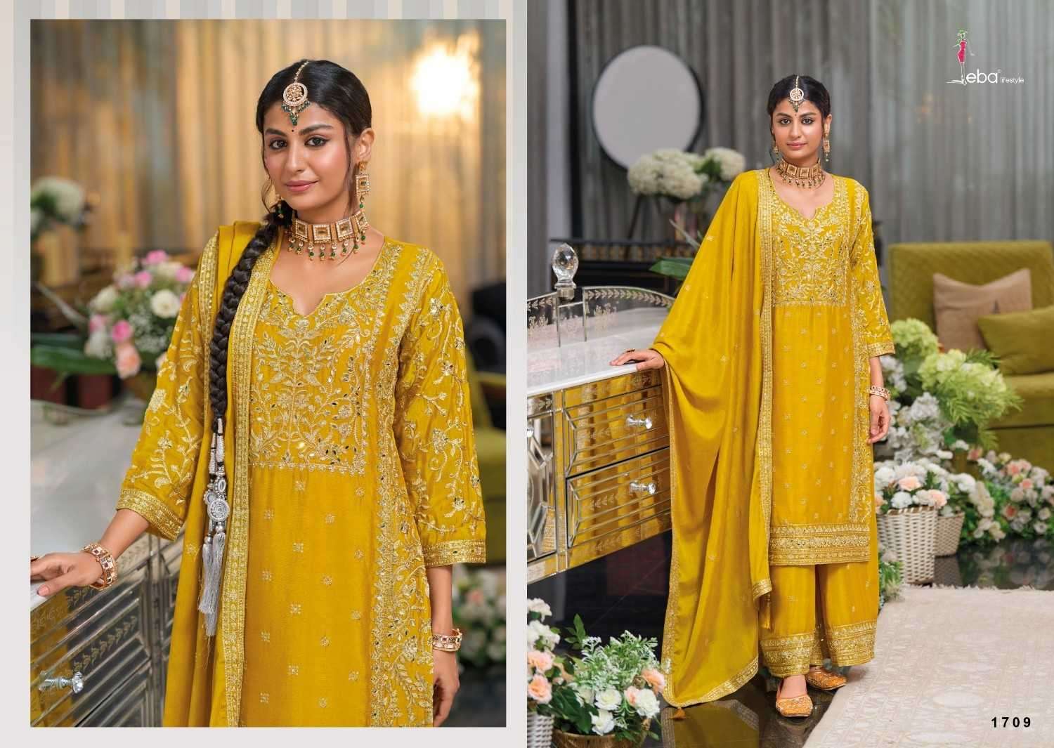 EBA LIFESTYLE PRESENTS SHAYONI CHINON EMBROIDERY WORK FULLY STITCH PAKISTANI 3PCS DRESS CATALOG WHOLESALER AND EXPORTER IN SURAT