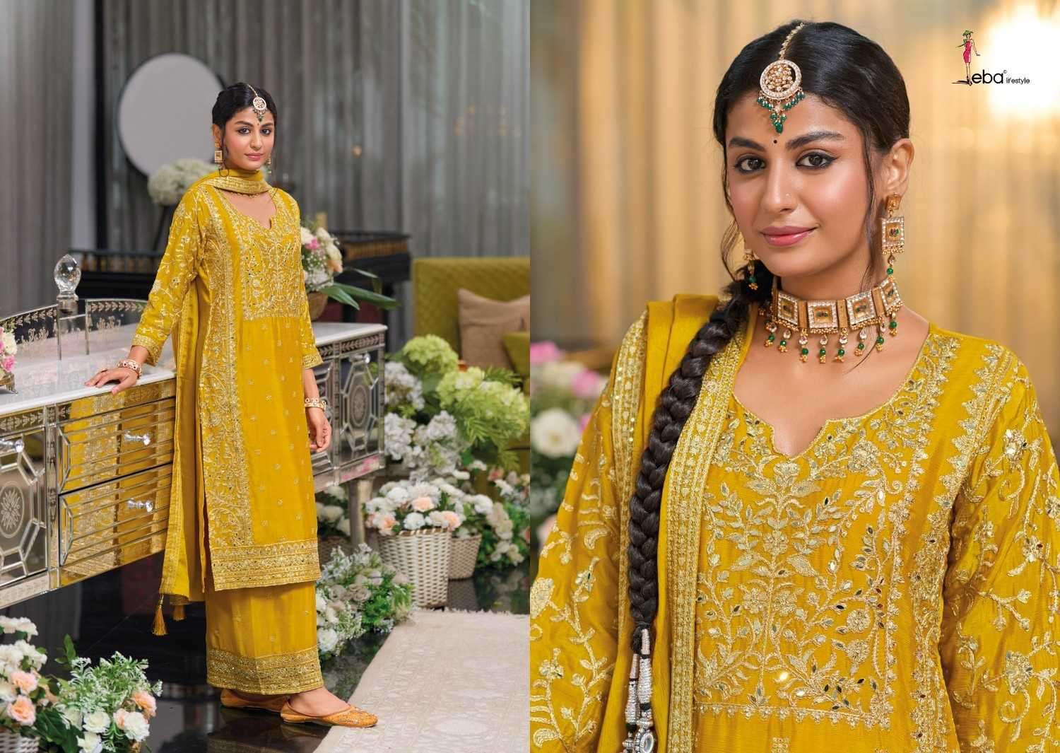 EBA LIFESTYLE PRESENTS SHAYONI CHINON EMBROIDERY WORK FULLY STITCH PAKISTANI 3PCS DRESS CATALOG WHOLESALER AND EXPORTER IN SURAT