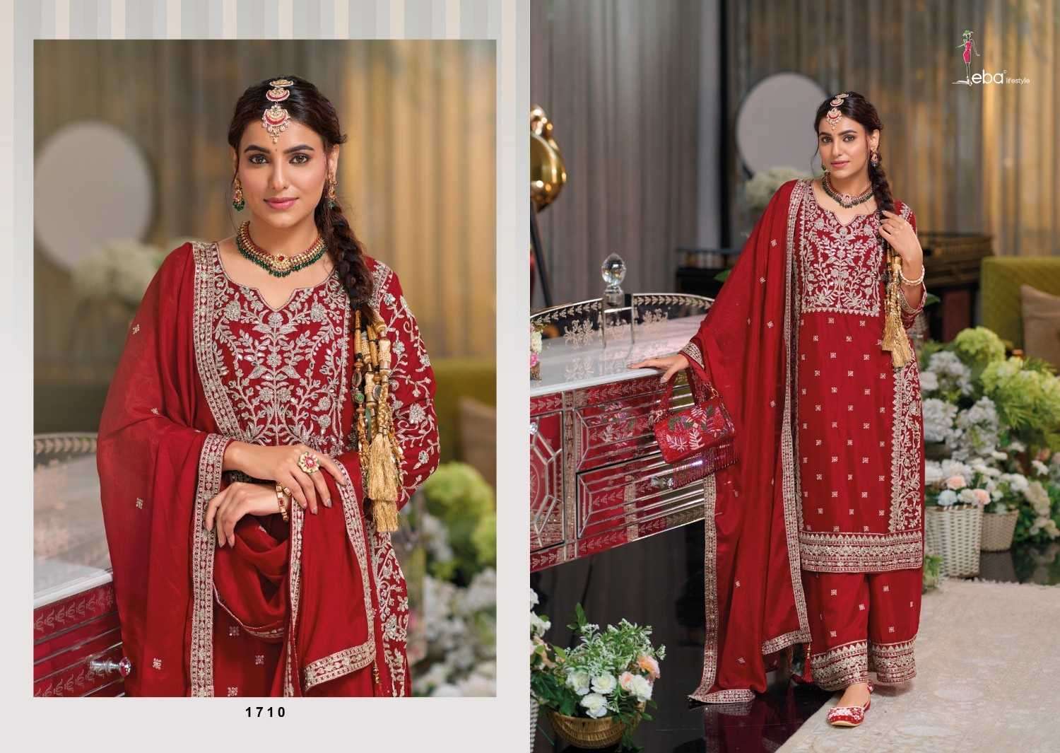 EBA LIFESTYLE PRESENTS SHAYONI CHINON EMBROIDERY WORK FULLY STITCH PAKISTANI 3PCS DRESS CATALOG WHOLESALER AND EXPORTER IN SURAT