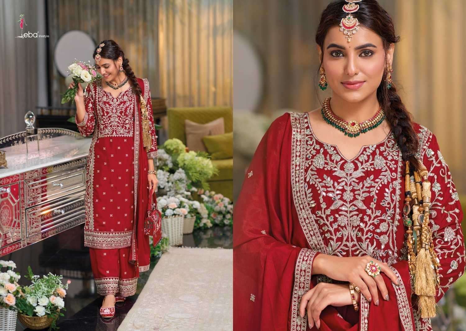 EBA LIFESTYLE PRESENTS SHAYONI CHINON EMBROIDERY WORK FULLY STITCH PAKISTANI 3PCS DRESS CATALOG WHOLESALER AND EXPORTER IN SURAT