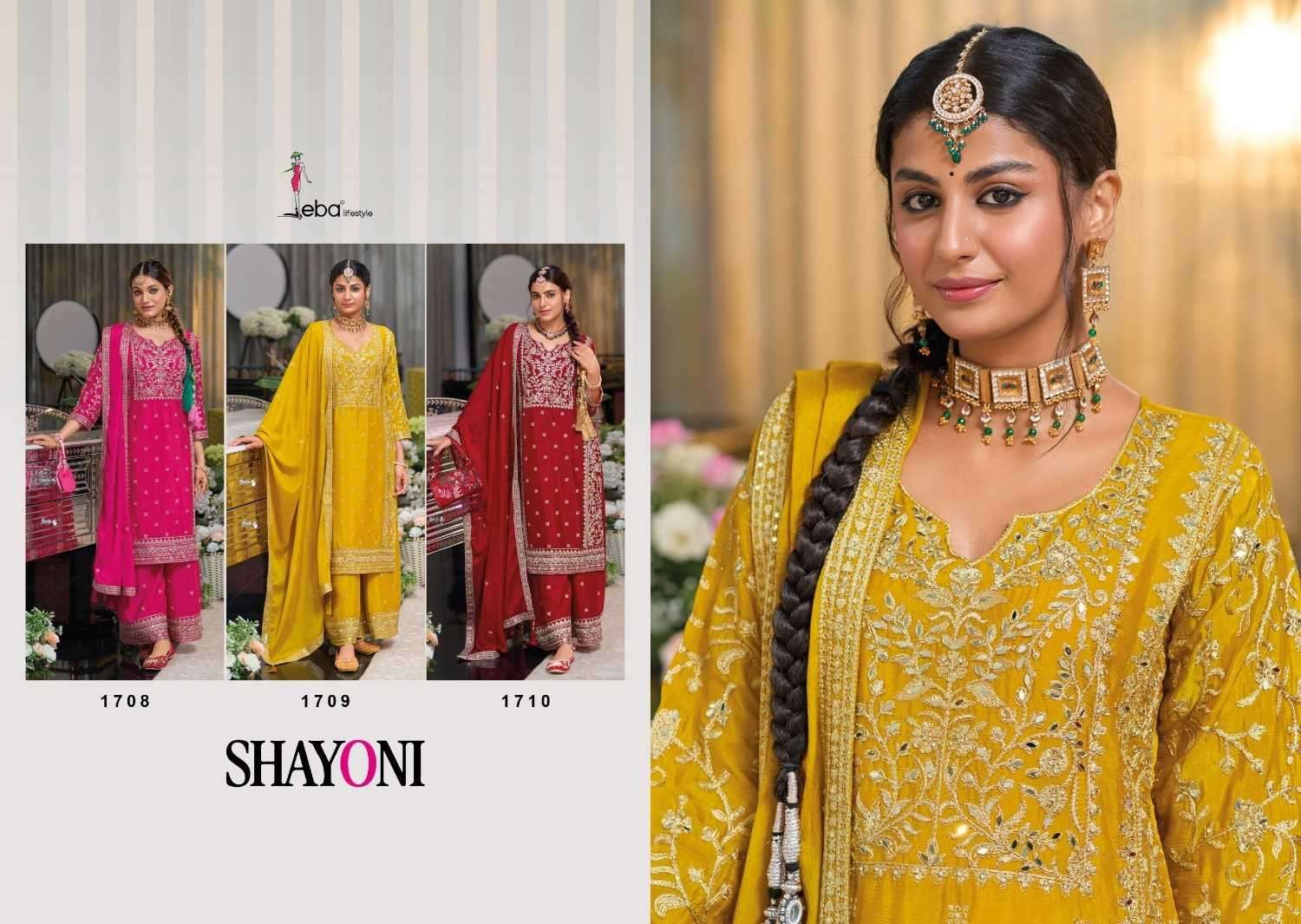 EBA LIFESTYLE PRESENTS SHAYONI CHINON EMBROIDERY WORK FULLY STITCH PAKISTANI 3PCS DRESS CATALOG WHOLESALER AND EXPORTER IN SURAT