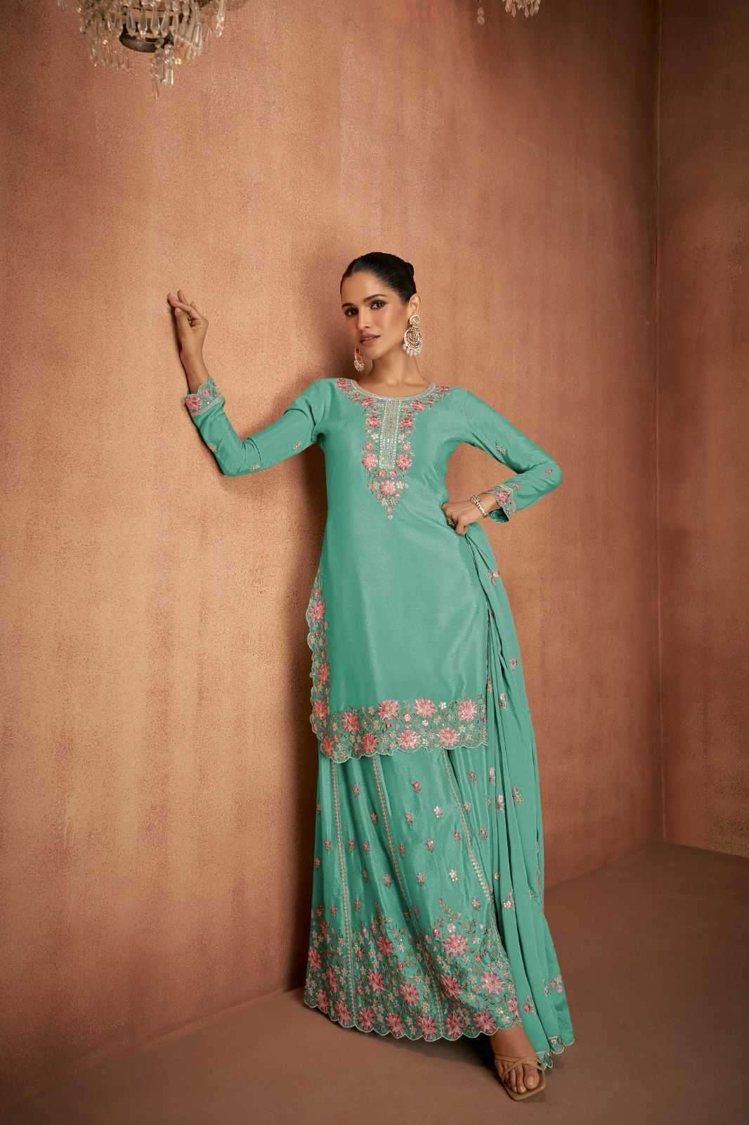 GULKAYRA DESIGNER PRESENTS ELVIRA CHINON EXCLUSIVE FULL STITCH PLAZZO STYLE 3PCS DRESS CATALOG WHOLESALER AND EXPORTER IN SURAT