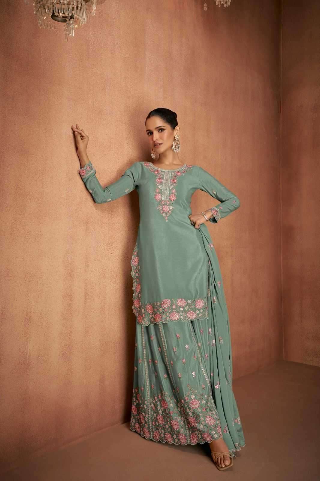 GULKAYRA DESIGNER PRESENTS ELVIRA CHINON EXCLUSIVE FULL STITCH PLAZZO STYLE 3PCS DRESS CATALOG WHOLESALER AND EXPORTER IN SURAT