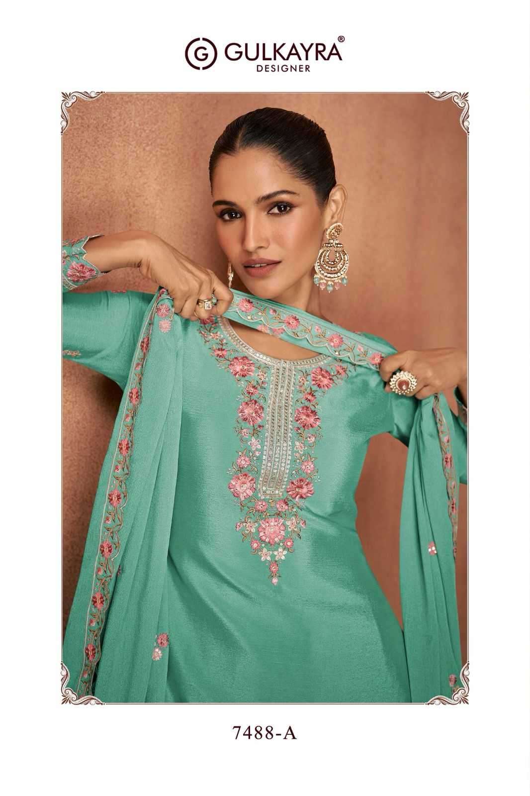 GULKAYRA DESIGNER PRESENTS ELVIRA CHINON EXCLUSIVE FULL STITCH PLAZZO STYLE 3PCS DRESS CATALOG WHOLESALER AND EXPORTER IN SURAT