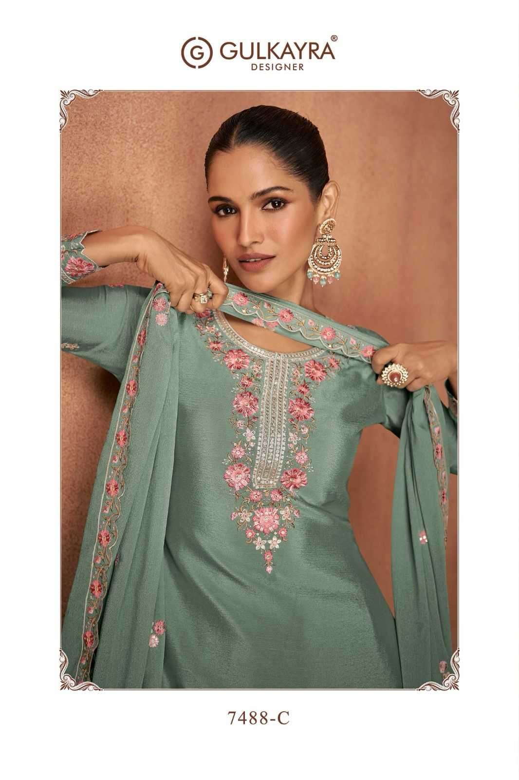 GULKAYRA DESIGNER PRESENTS ELVIRA CHINON EXCLUSIVE FULL STITCH PLAZZO STYLE 3PCS DRESS CATALOG WHOLESALER AND EXPORTER IN SURAT