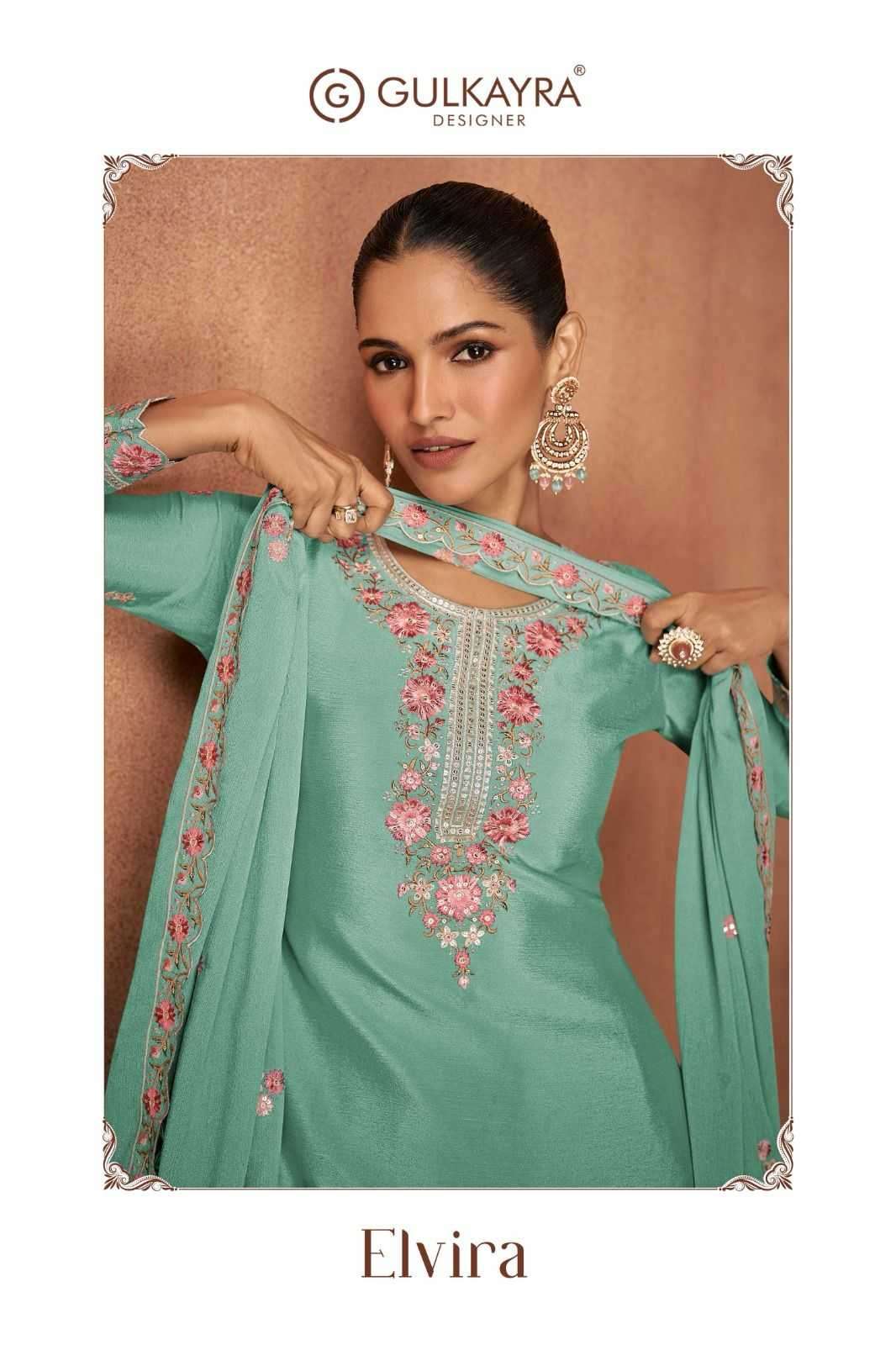 GULKAYRA DESIGNER PRESENTS ELVIRA CHINON EXCLUSIVE FULL STITCH PLAZZO STYLE 3PCS DRESS CATALOG WHOLESALER AND EXPORTER IN SURAT