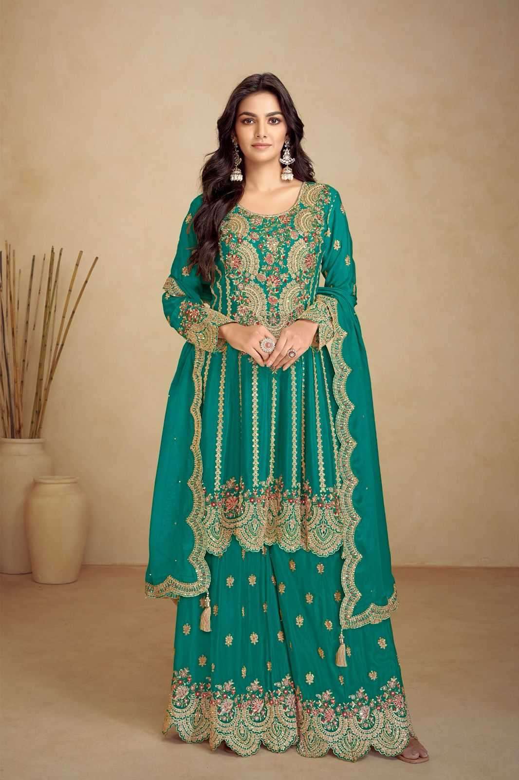 GULKAYRA DESIGNER PRESENTS JALWA CHINON PLAZZO STYLE DESIGNER FULL STITCH DRESS CATALOG WHOLESALER AND EXPORTER 