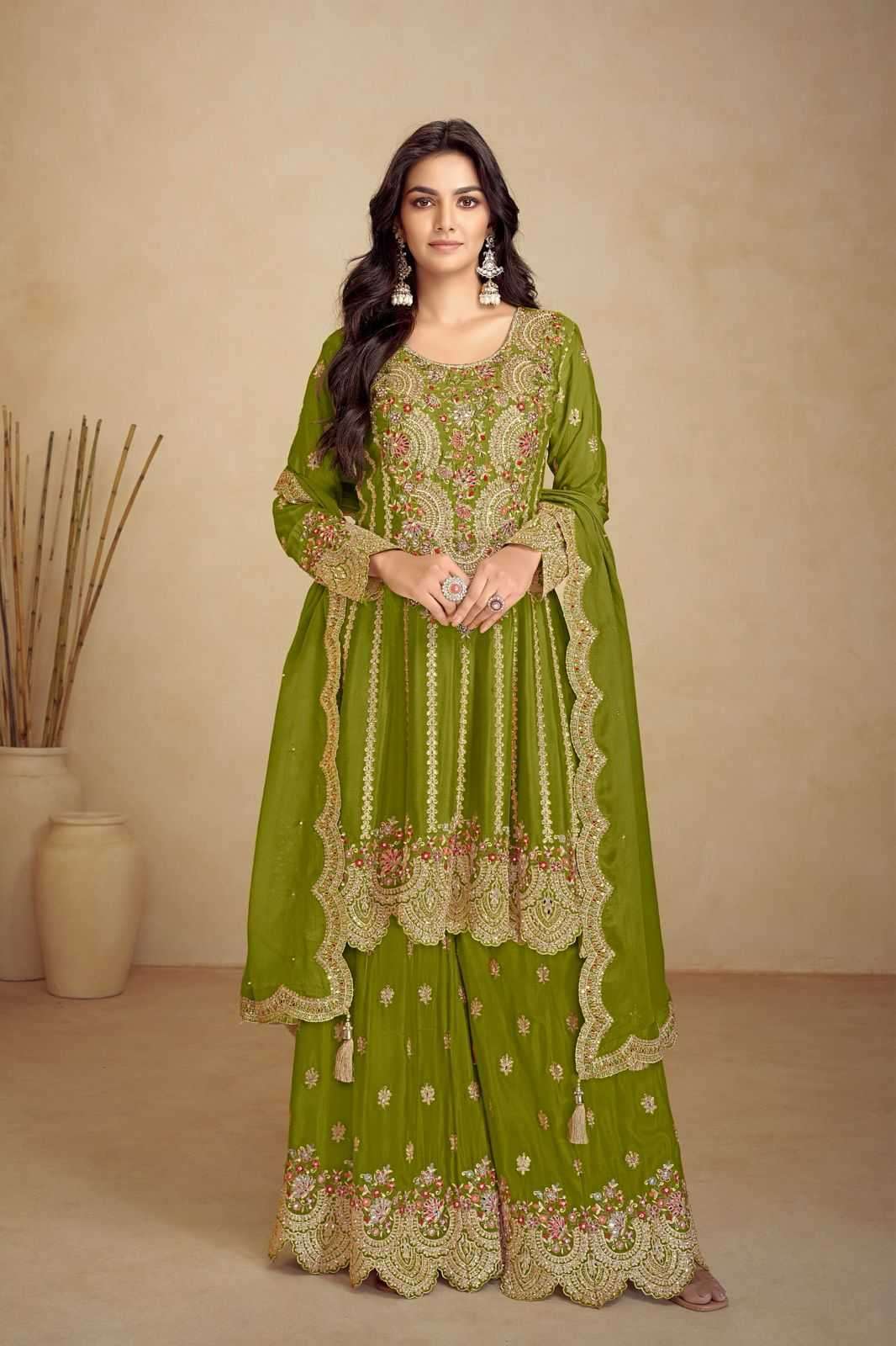 GULKAYRA DESIGNER PRESENTS JALWA CHINON PLAZZO STYLE DESIGNER FULL STITCH DRESS CATALOG WHOLESALER AND EXPORTER 