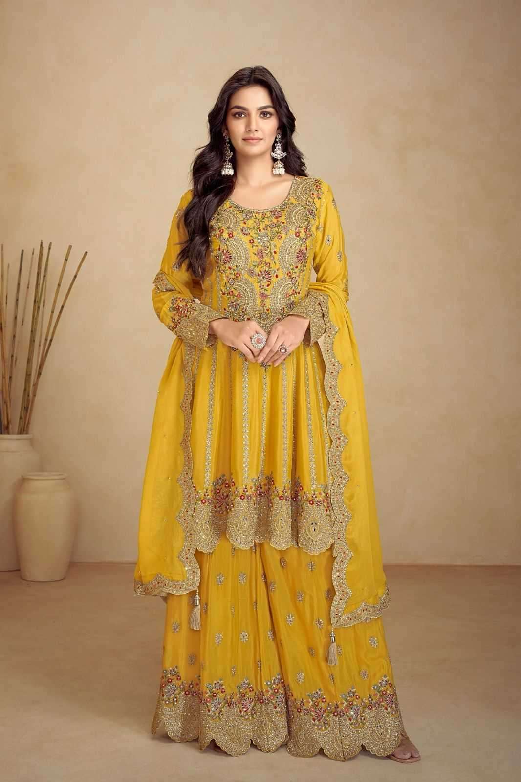 GULKAYRA DESIGNER PRESENTS JALWA CHINON PLAZZO STYLE DESIGNER FULL STITCH DRESS CATALOG WHOLESALER AND EXPORTER 