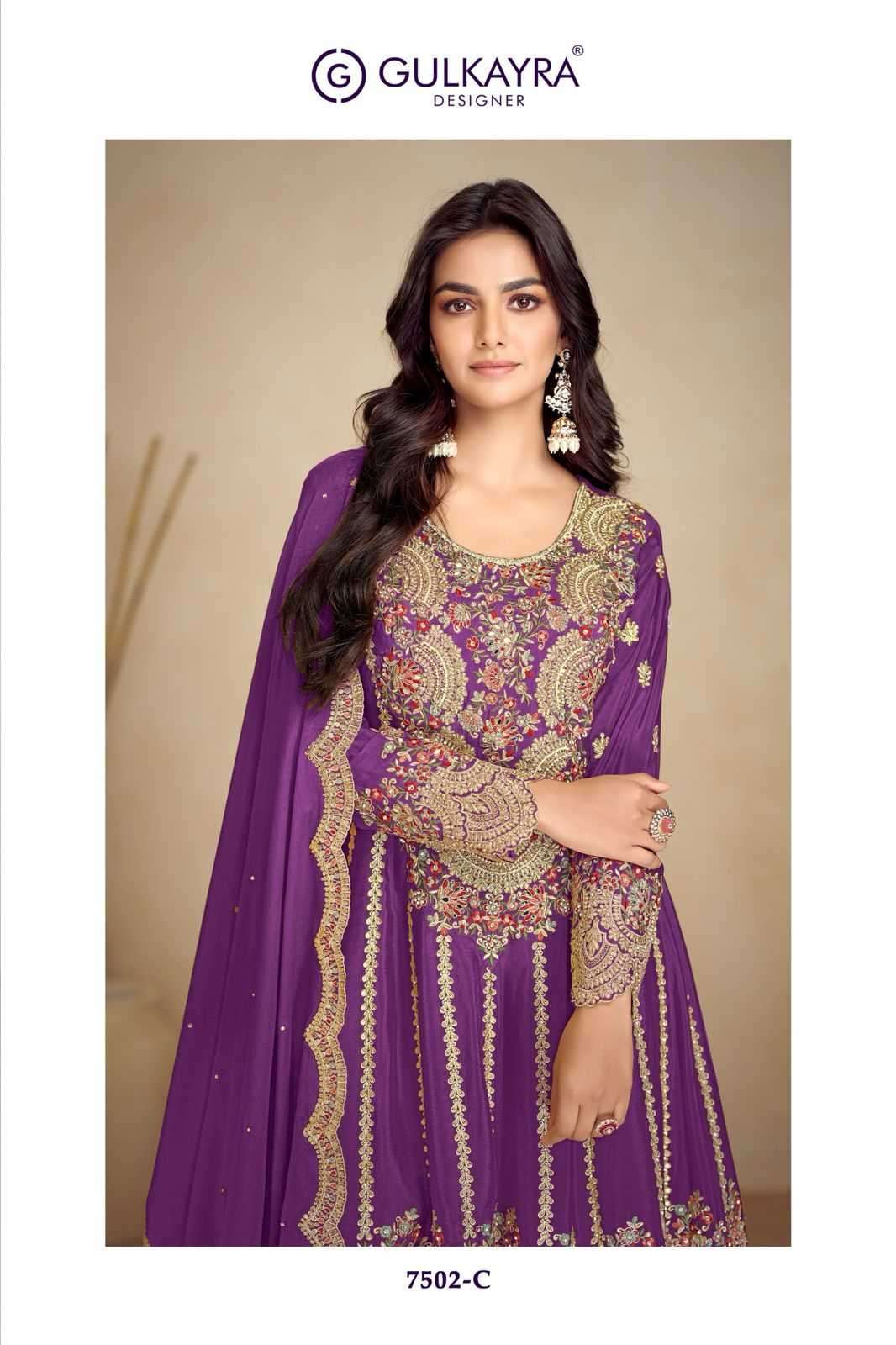 GULKAYRA DESIGNER PRESENTS JALWA CHINON PLAZZO STYLE DESIGNER FULL STITCH DRESS CATALOG WHOLESALER AND EXPORTER 