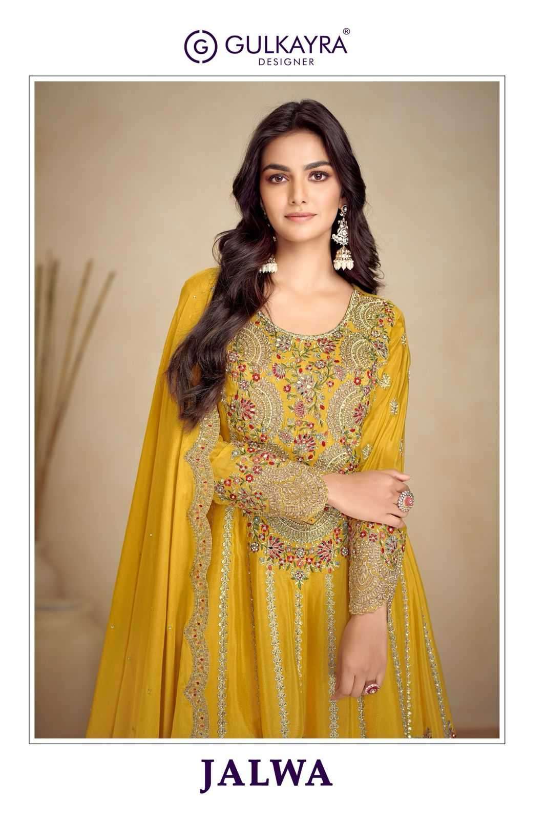 GULKAYRA DESIGNER PRESENTS JALWA CHINON PLAZZO STYLE DESIGNER FULL STITCH DRESS CATALOG WHOLESALER AND EXPORTER 