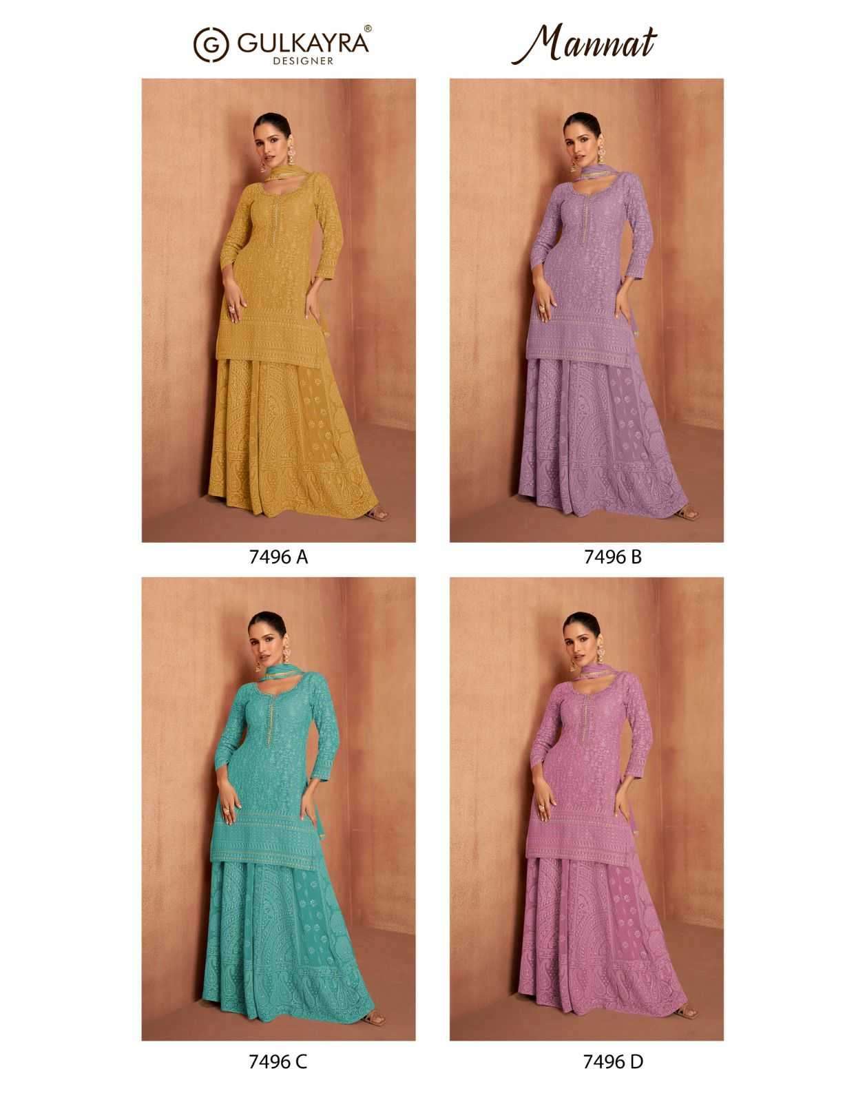 GULKAYRA DESIGNER PRESENTS MANNAT COLOUR ADDITION GEORGETTE FULL STITCH LADIES SUIT CATALOG WHOLESALER AND EXPORTER