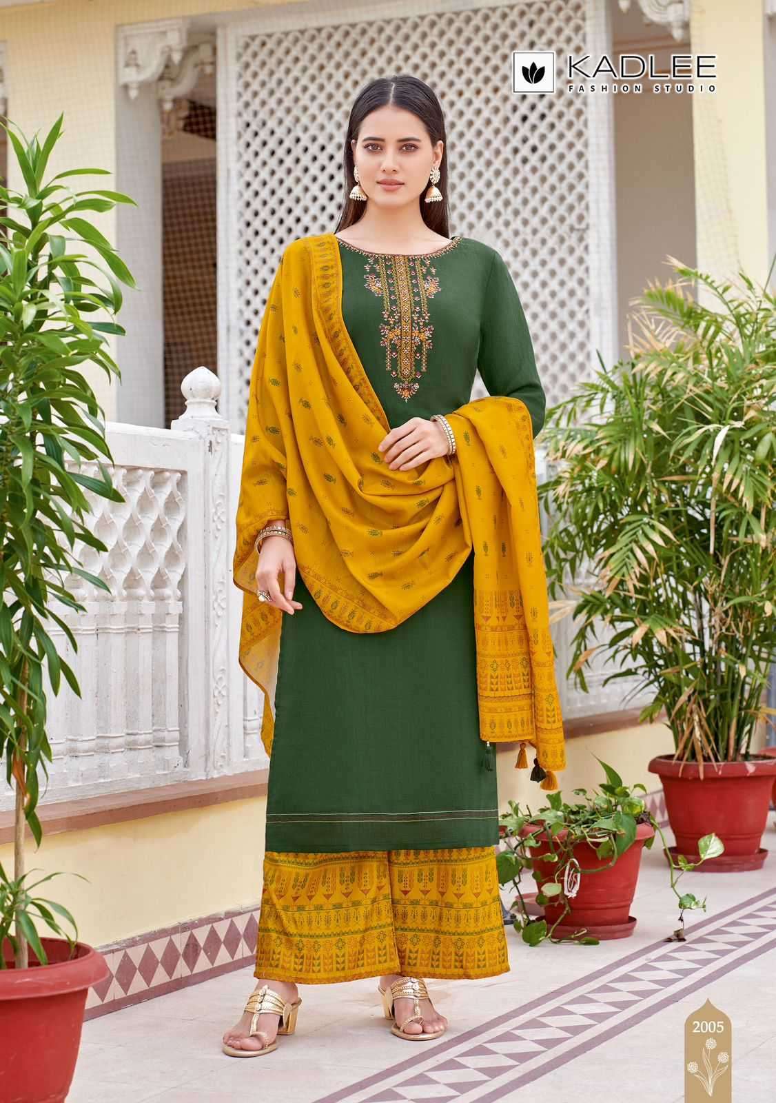 KADLEE PRESENTS SAVERA VOL-2 RAYON THREAD READYMADE PLAZZO STYLE 3PCS DRESS CATALOG WHOLESALER AND EXPORTER 