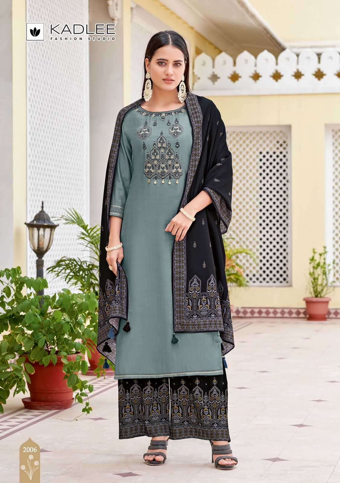 KADLEE PRESENTS SAVERA VOL-2 RAYON THREAD READYMADE PLAZZO STYLE 3PCS DRESS CATALOG WHOLESALER AND EXPORTER 