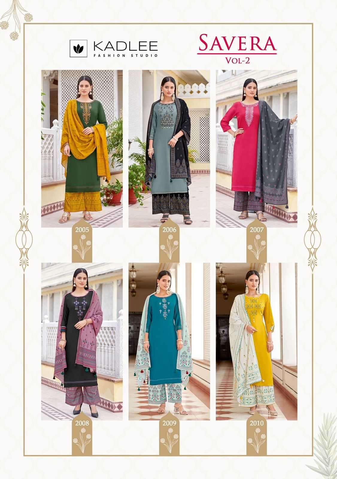 KADLEE PRESENTS SAVERA VOL-2 RAYON THREAD READYMADE PLAZZO STYLE 3PCS DRESS CATALOG WHOLESALER AND EXPORTER 