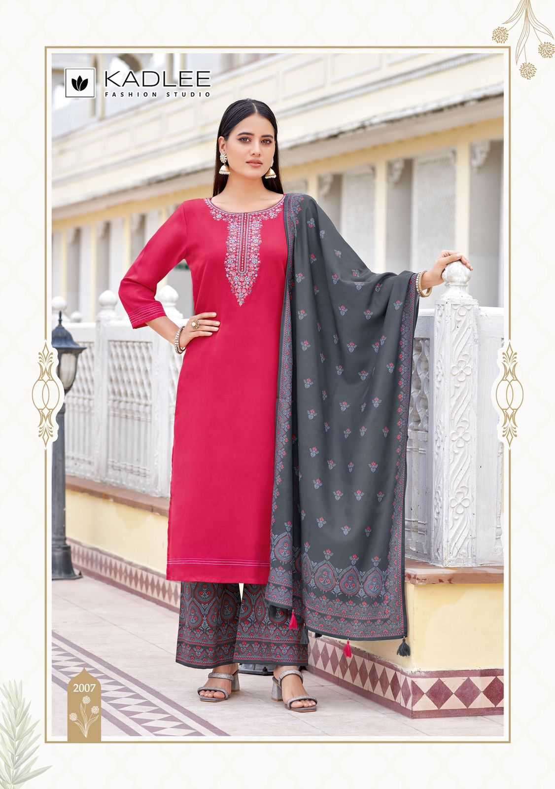 KADLEE PRESENTS SAVERA VOL-2 RAYON THREAD READYMADE PLAZZO STYLE 3PCS DRESS CATALOG WHOLESALER AND EXPORTER 