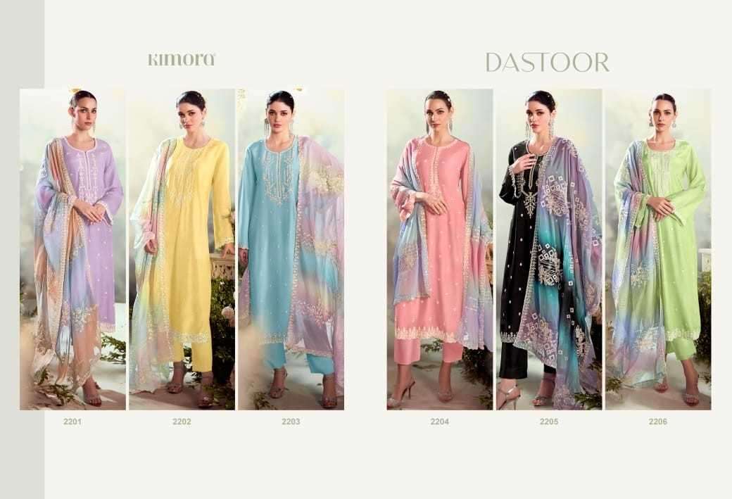 KIMORA PRESENTS DASTOOR VOL-50 2201-2206 MODAL SILK DESIGNER SUITS CATALOG WHOLESALER AND EXPORTER 