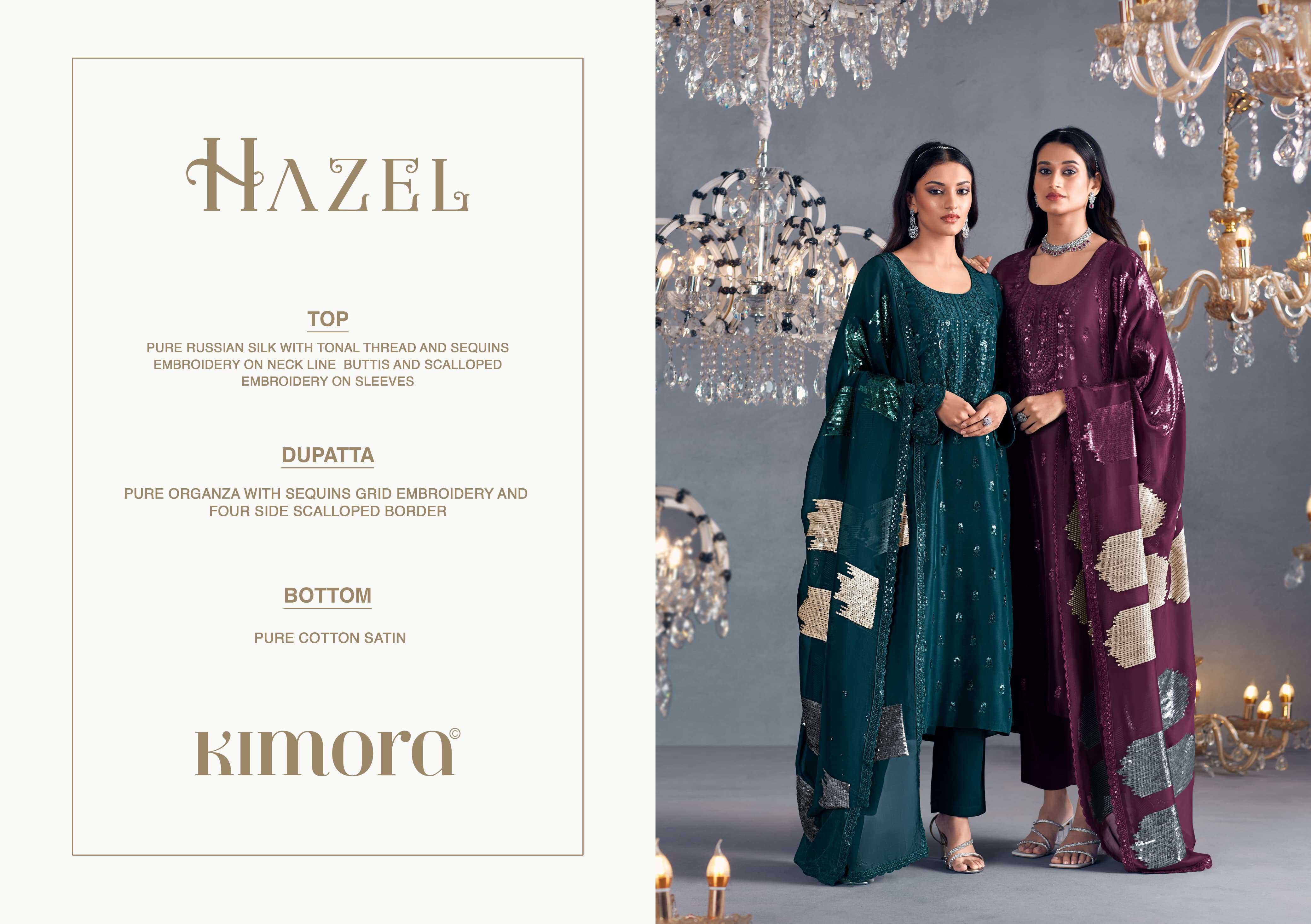 KIMORA PRESENTS HAZEL DESINGER PARTYEWEAR RUSSIAN SILK SALWAR SUITS CATALOG WHOLESALER AND EXPORTER IN SURAT
