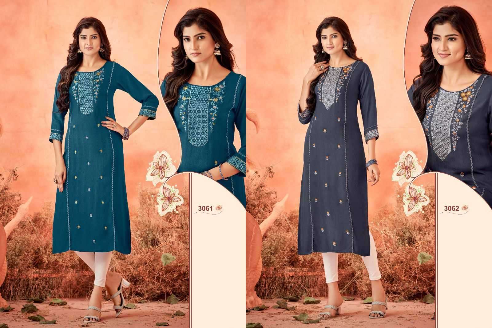 LADIES FLAVOUR SERENA VOL 10 RAYON EMBROIDERY WORK FULL STITCH LONG KURTI CATALOG WHOLESALER AND EXPORTER IN SURAT
