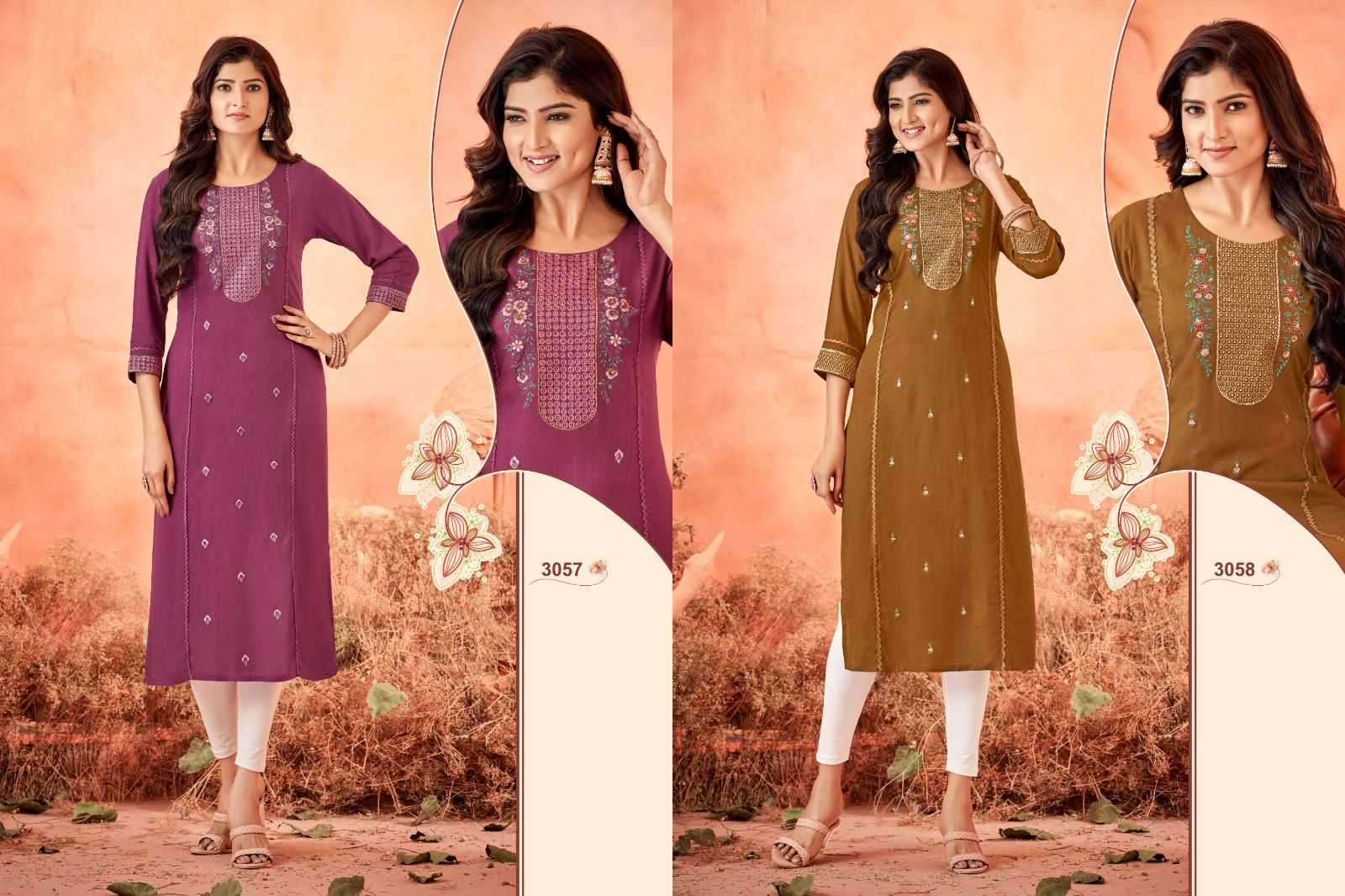 LADIES FLAVOUR SERENA VOL 10 RAYON EMBROIDERY WORK FULL STITCH LONG KURTI CATALOG WHOLESALER AND EXPORTER IN SURAT