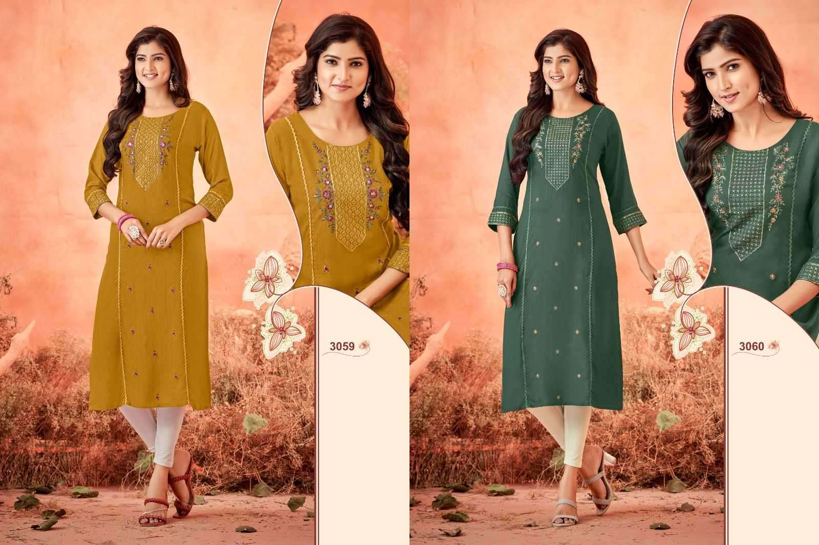LADIES FLAVOUR SERENA VOL 10 RAYON EMBROIDERY WORK FULL STITCH LONG KURTI CATALOG WHOLESALER AND EXPORTER IN SURAT