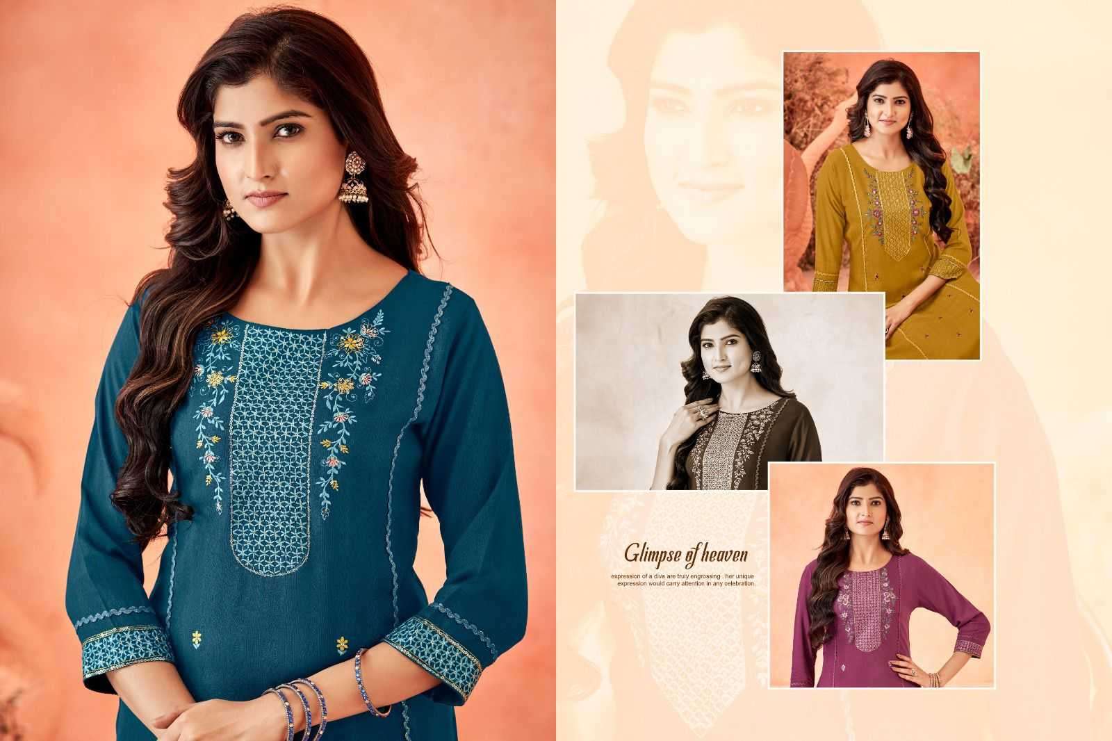 LADIES FLAVOUR SERENA VOL 10 RAYON EMBROIDERY WORK FULL STITCH LONG KURTI CATALOG WHOLESALER AND EXPORTER IN SURAT