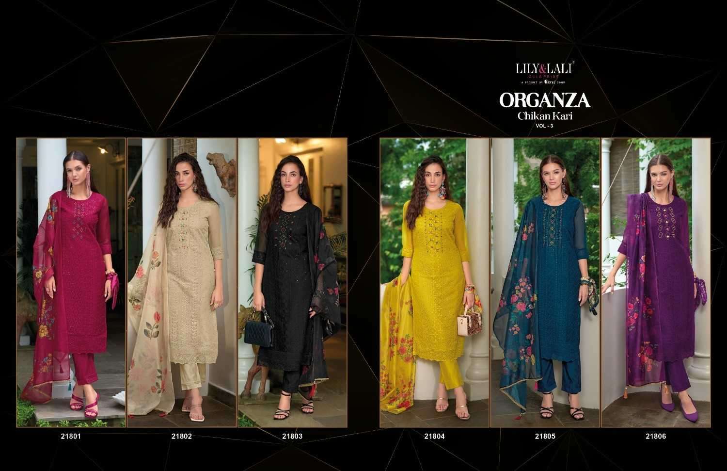 LILY & LALI PRESENTS CHIKANKARI VOL-3 ORGANZA HANDWORK READYMADE SUITS CATALOG WHOLESALER AND EXPORTER IN SURAT
