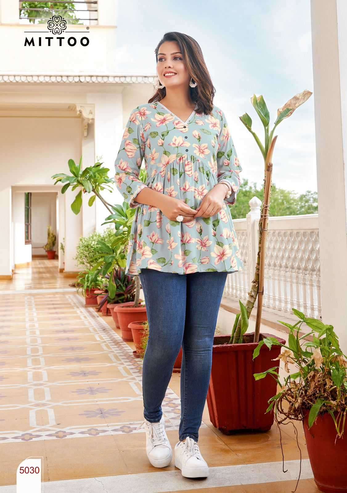 MITTOO PRESENTS VICTORIA VOL-6 RAYON PRINT READYMADE WESTERN GIRLS TOPS CATALOG WHOLESALER AND EXPORTER 