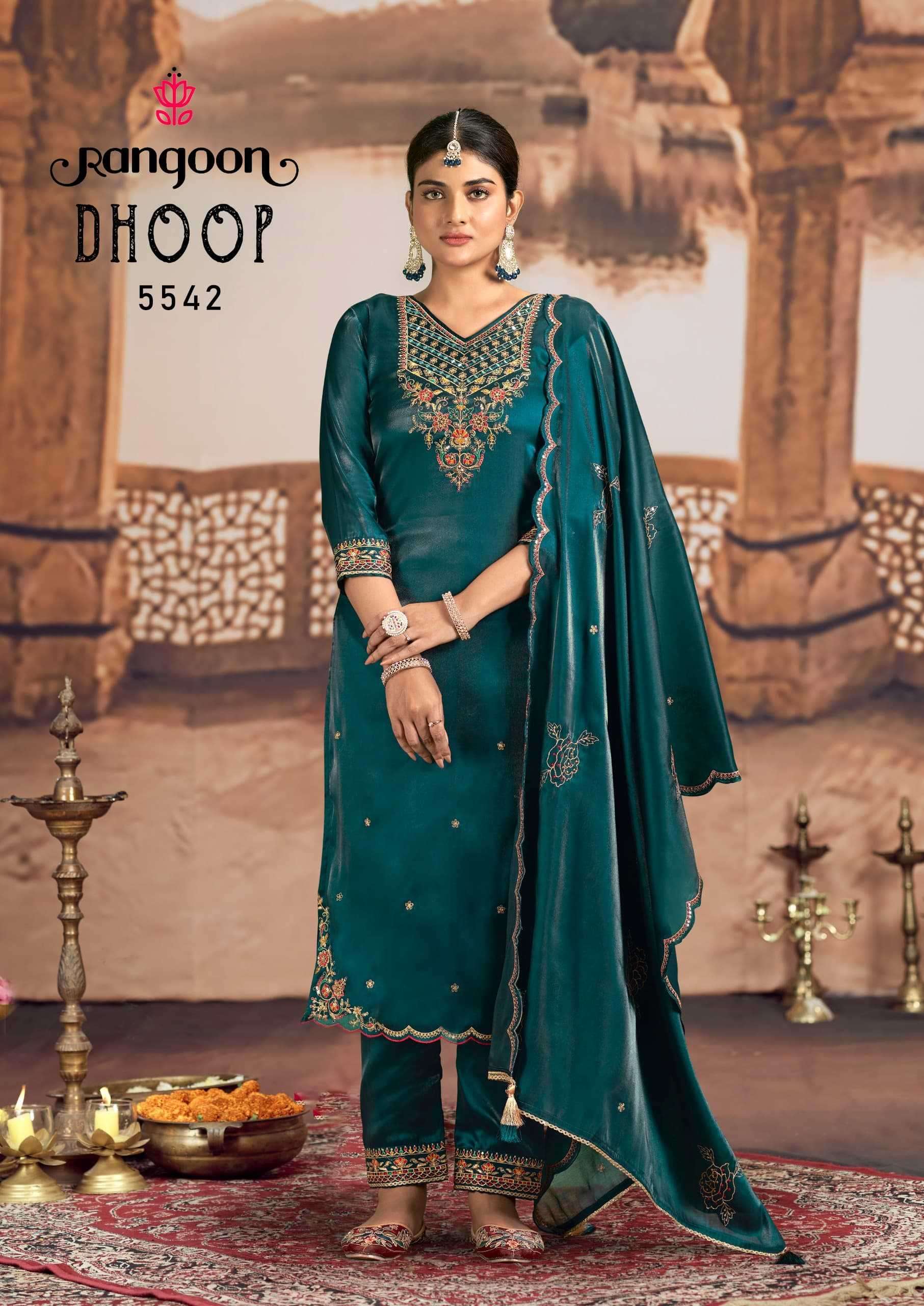 RANGOON PRESENTS DHOOP READYMADE SATIN CREP HANDWORK TRENDY LADIES SUIT CATALOG WHOLESALER AND EXPORTER IN SURAT