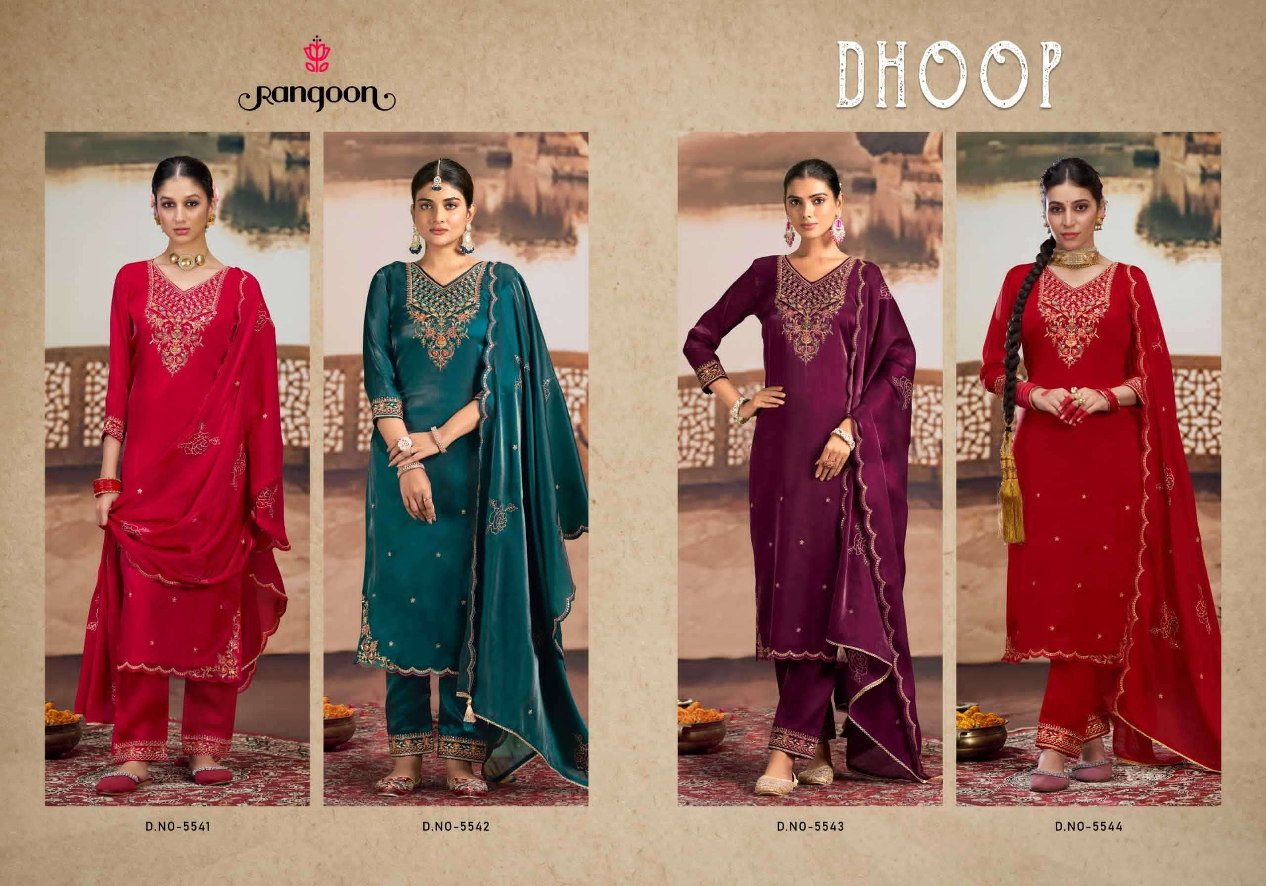 RANGOON PRESENTS DHOOP READYMADE SATIN CREP HANDWORK TRENDY LADIES SUIT CATALOG WHOLESALER AND EXPORTER IN SURAT