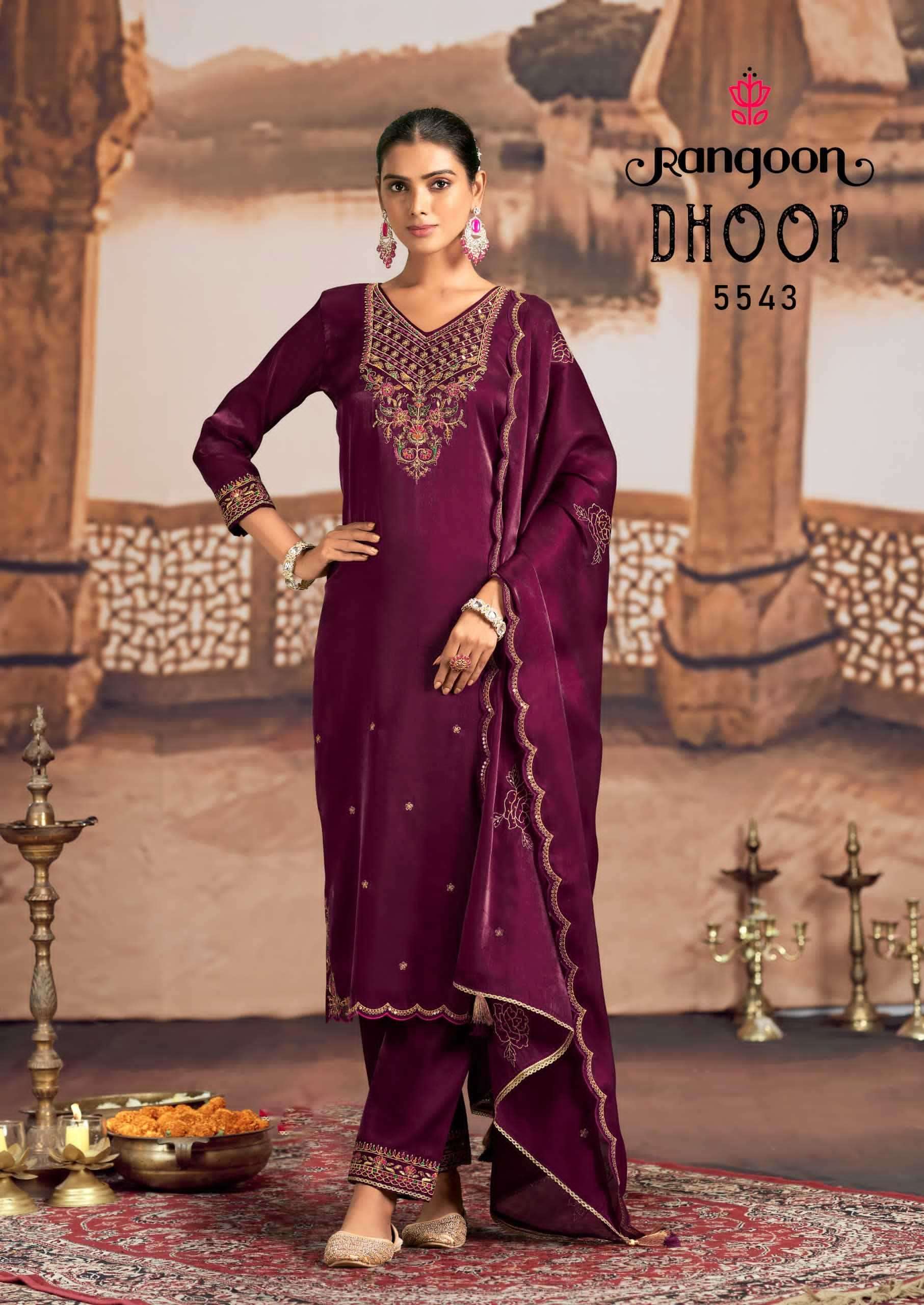 RANGOON PRESENTS DHOOP READYMADE SATIN CREP HANDWORK TRENDY LADIES SUIT CATALOG WHOLESALER AND EXPORTER IN SURAT
