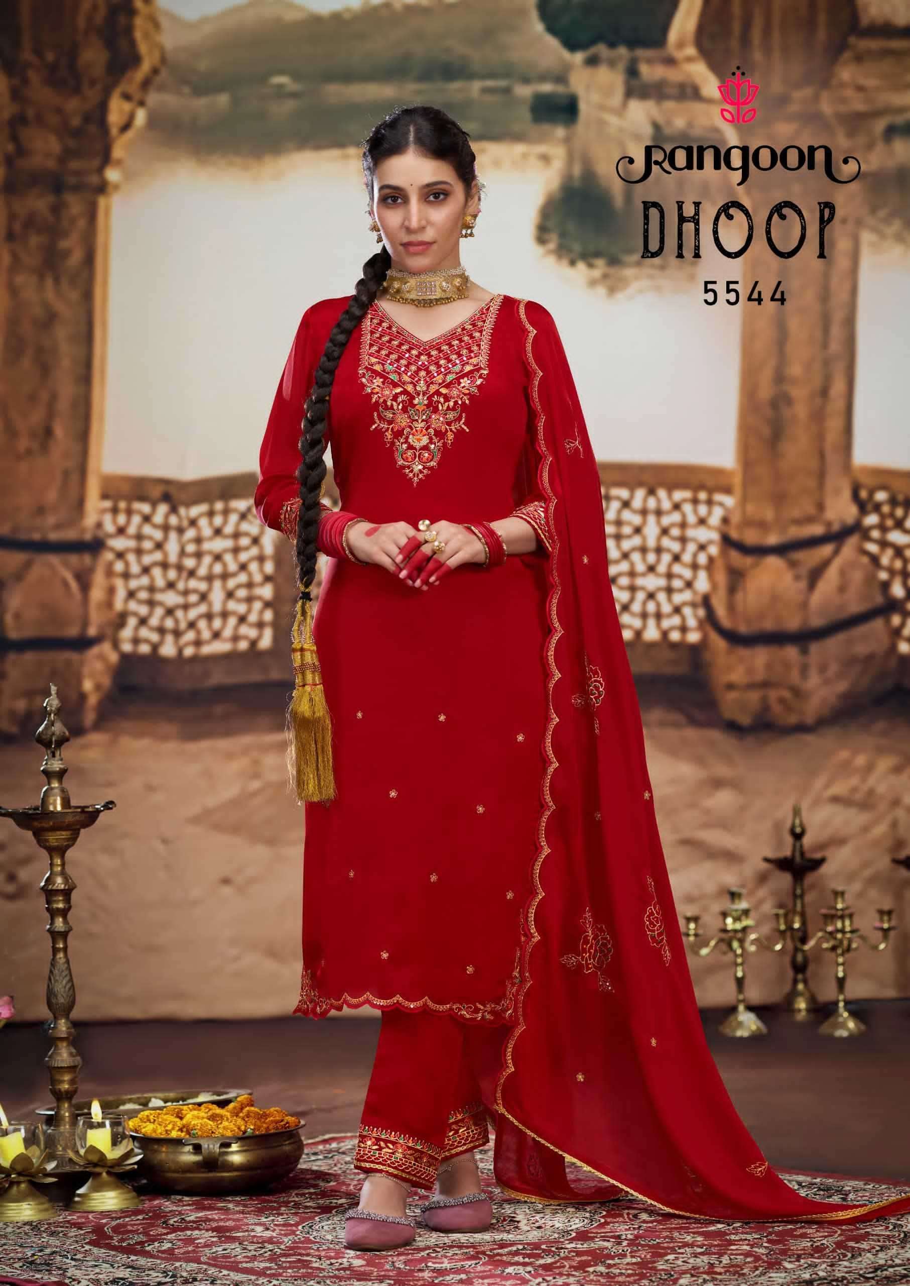 RANGOON PRESENTS DHOOP READYMADE SATIN CREP HANDWORK TRENDY LADIES SUIT CATALOG WHOLESALER AND EXPORTER IN SURAT