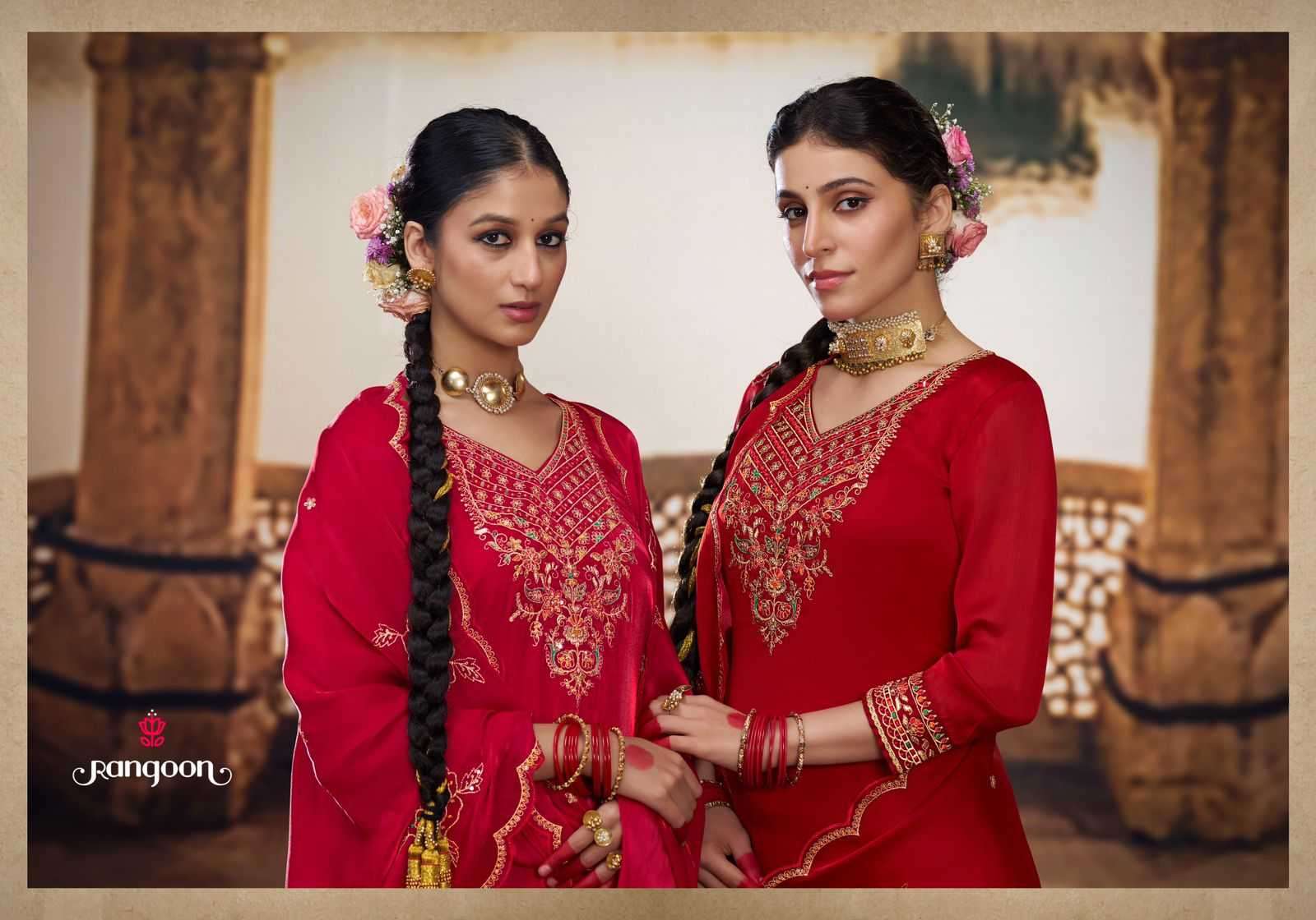 RANGOON PRESENTS DHOOP READYMADE SATIN CREP HANDWORK TRENDY LADIES SUIT CATALOG WHOLESALER AND EXPORTER IN SURAT