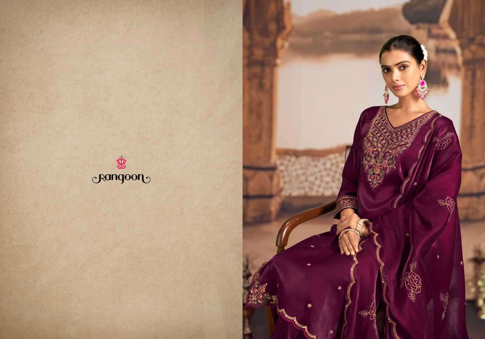 RANGOON PRESENTS DHOOP READYMADE SATIN CREP HANDWORK TRENDY LADIES SUIT CATALOG WHOLESALER AND EXPORTER IN SURAT