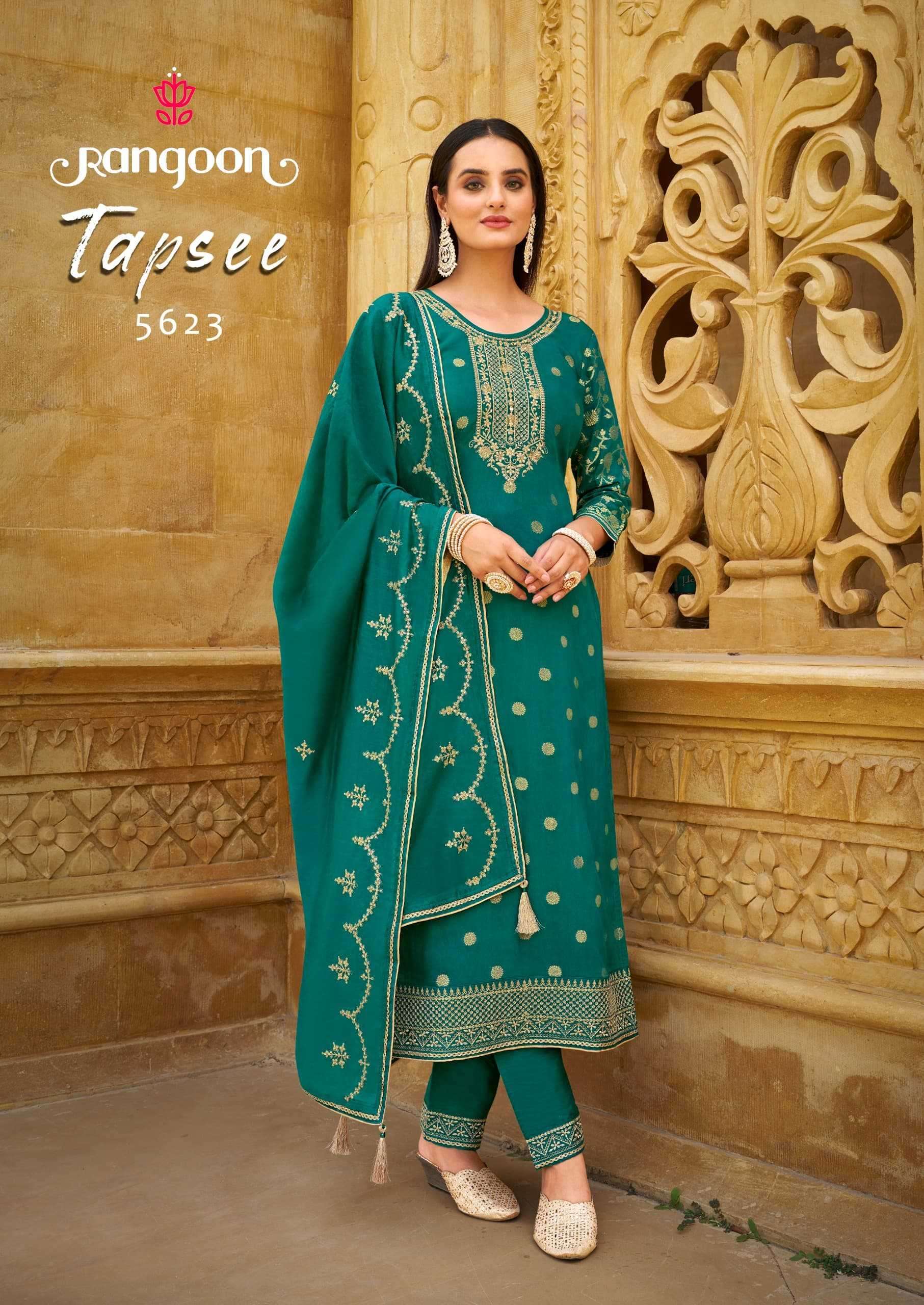 RANGOON PRESENTS TAPSEE MUSLIN JACQUARD READYMADE LADIES SALWAR SUITS CATALOG WHOLESALER AND EXPORTER IN SURAT